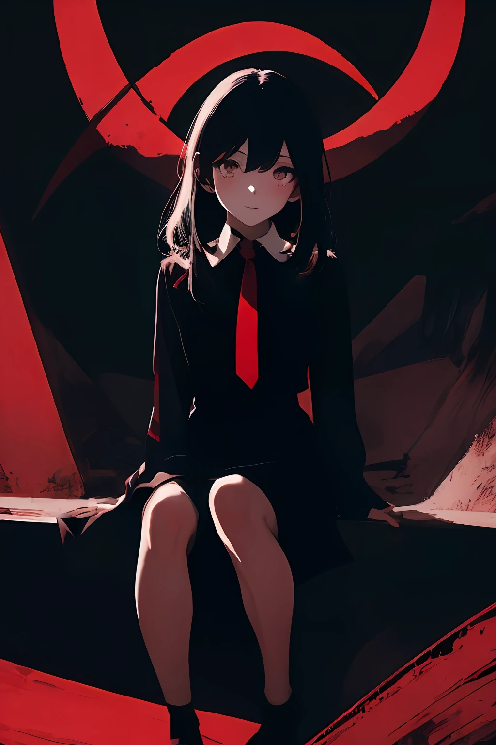 (masterpiece, best quality), 1girl, , realistic, black dress, red tie, goth, (red panties), sitting, sprad legs, vibrant colors, abstract background, lines geometric, night, dark theme, high contrast, deep shadows