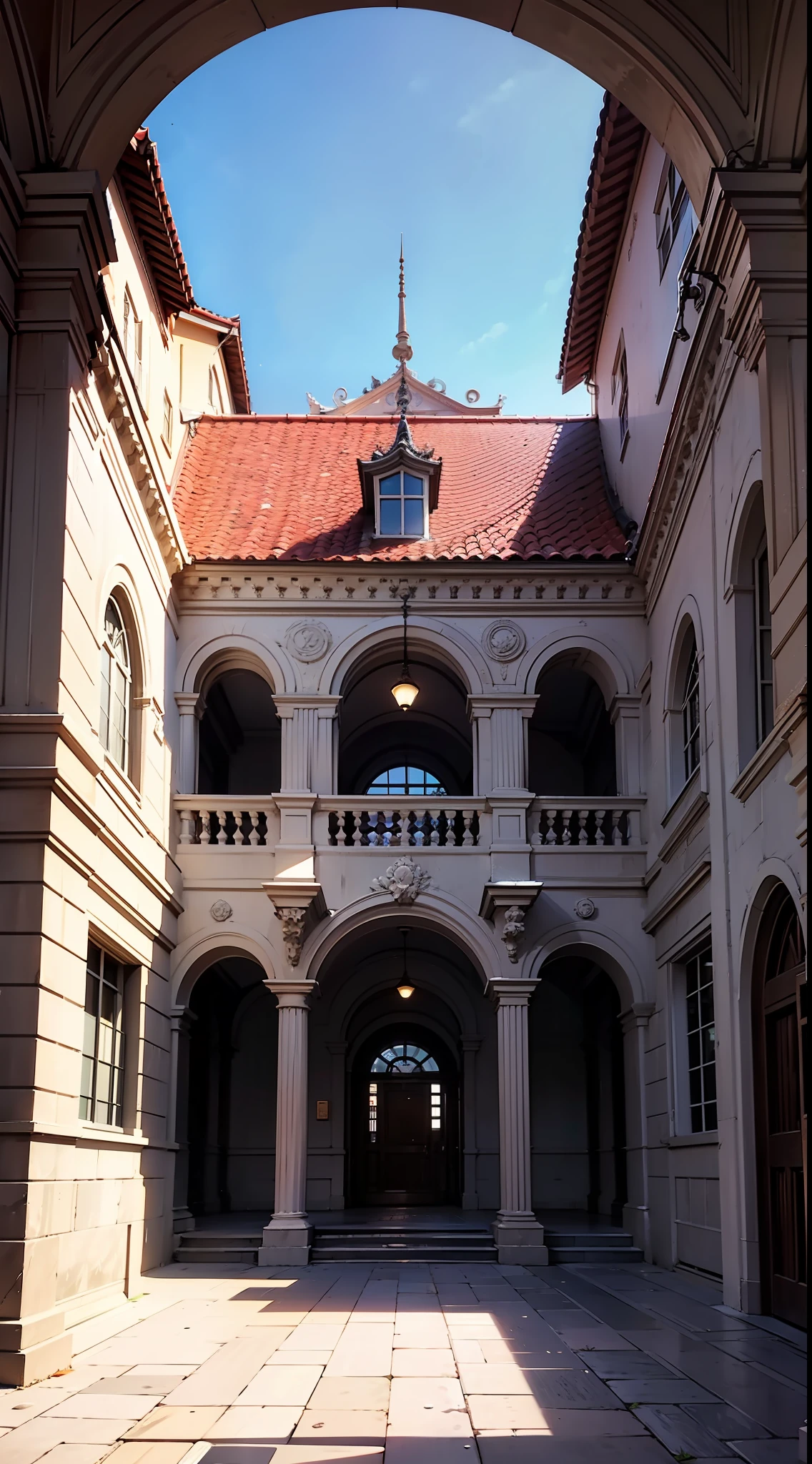 Front setting of a very large administrative building with a wide, grey courtyard