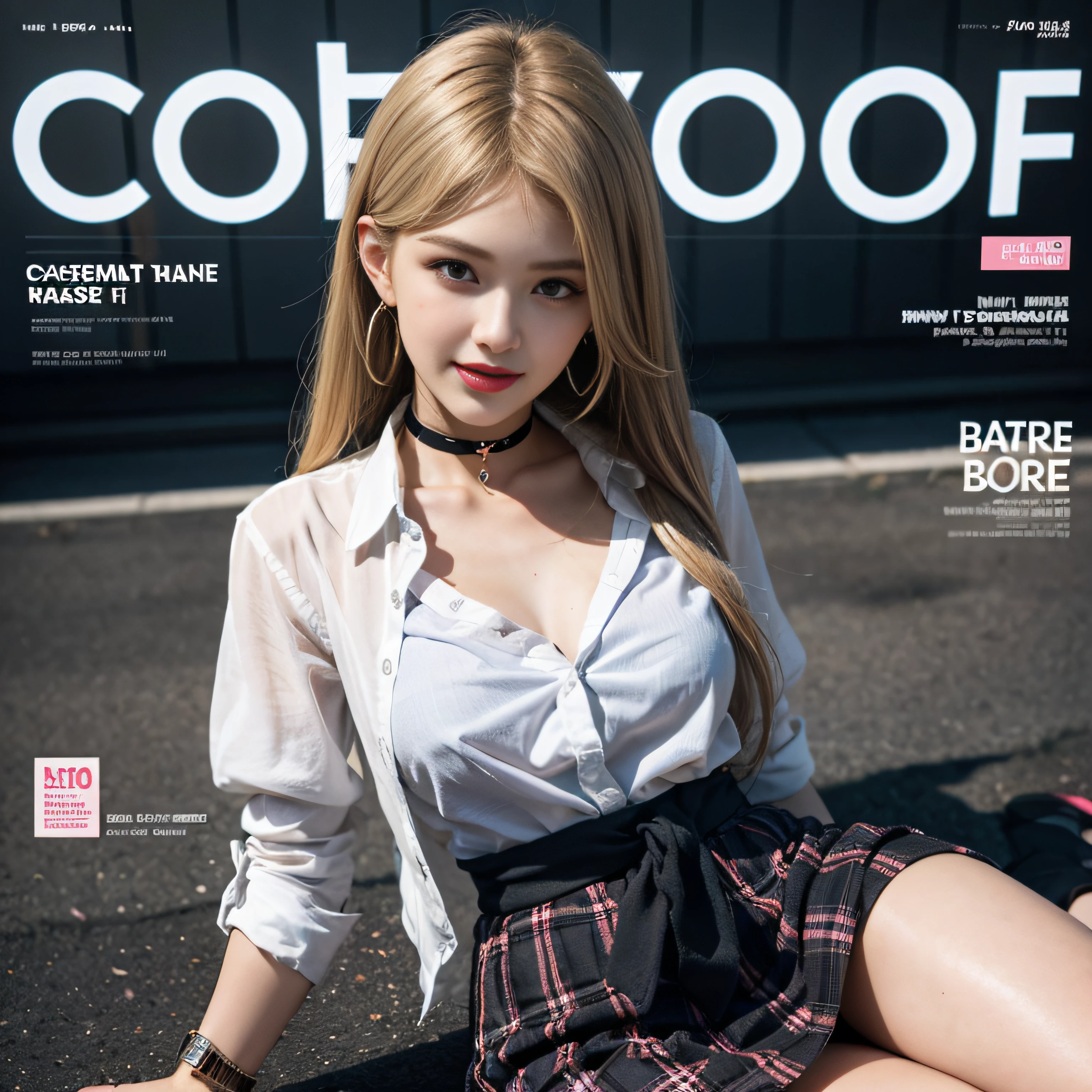 masterpiece, best quality, full body, 1girl, bangs, black choker, black necktie, blonde hair, blue skirt, blush, bracelet, breasts, choker, clothes around waist, collarbone, collared shirt, cowboy shot, dress shirt, ear piercing, eyebrows visible through hair, gradient hair, grin, gyaru, jewelry, kogal, long hair, looking at viewer, loose necktie, necktie, piercing, plaid, plaid skirt, pleated skirt, red eyes, ring, school uniform, shirt, skirt, smile, solo, white shirt, street, sky, cherry blossoms, petals,illustration, (magazine:1.3), (cover-style:1.3), fashionable, woman, vibrant, outfit, posing, front, colorful, dynamic, background, elements, confident, expression, holding, statement, accessory, majestic, coiled, around, touch, scene, text, cover, bold, attention-grabbing, title, stylish, font, catchy, headline, larger, striking, modern, trendy, focus, fashion,