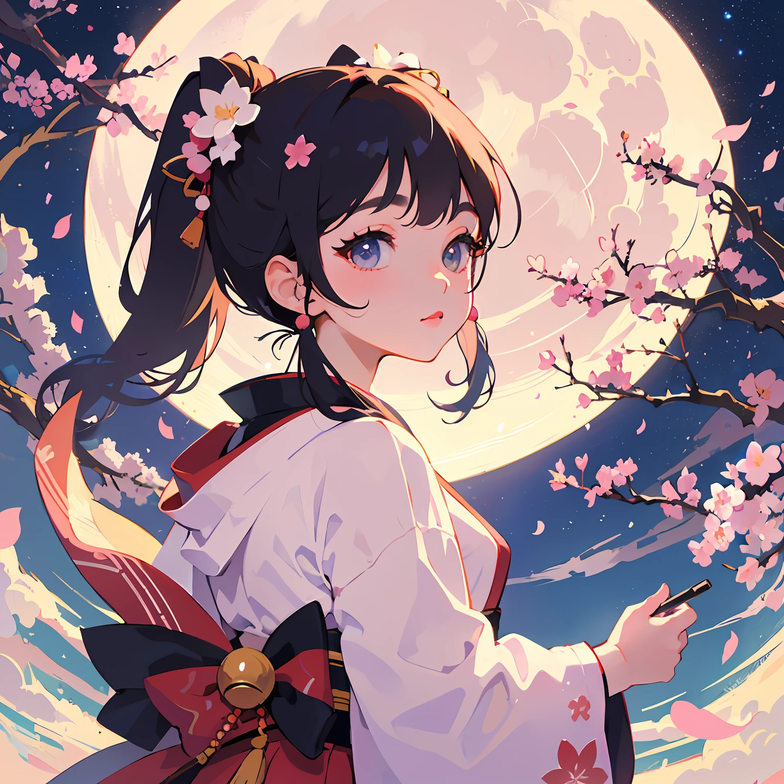 1 sticker, sticker, nikkaze, (cute girl), (gorgeous kimono), (gorgeous hair accessory), (Japanese traditional hairstyle), cherry blossoms, clouds, behind is a huge round moon, stars, white background, no background, simple background, minimal, cute, tiny, pastel color, vector style, no gradient,solo