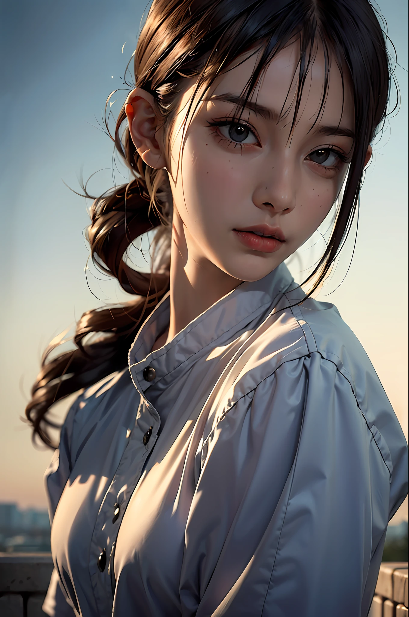 a 20 yo woman,(hi-top fade:1.3),long hair,dark theme, soothing tones, muted colors, high contrast, (natural skin texture, hyperrealism, soft light, sharp),