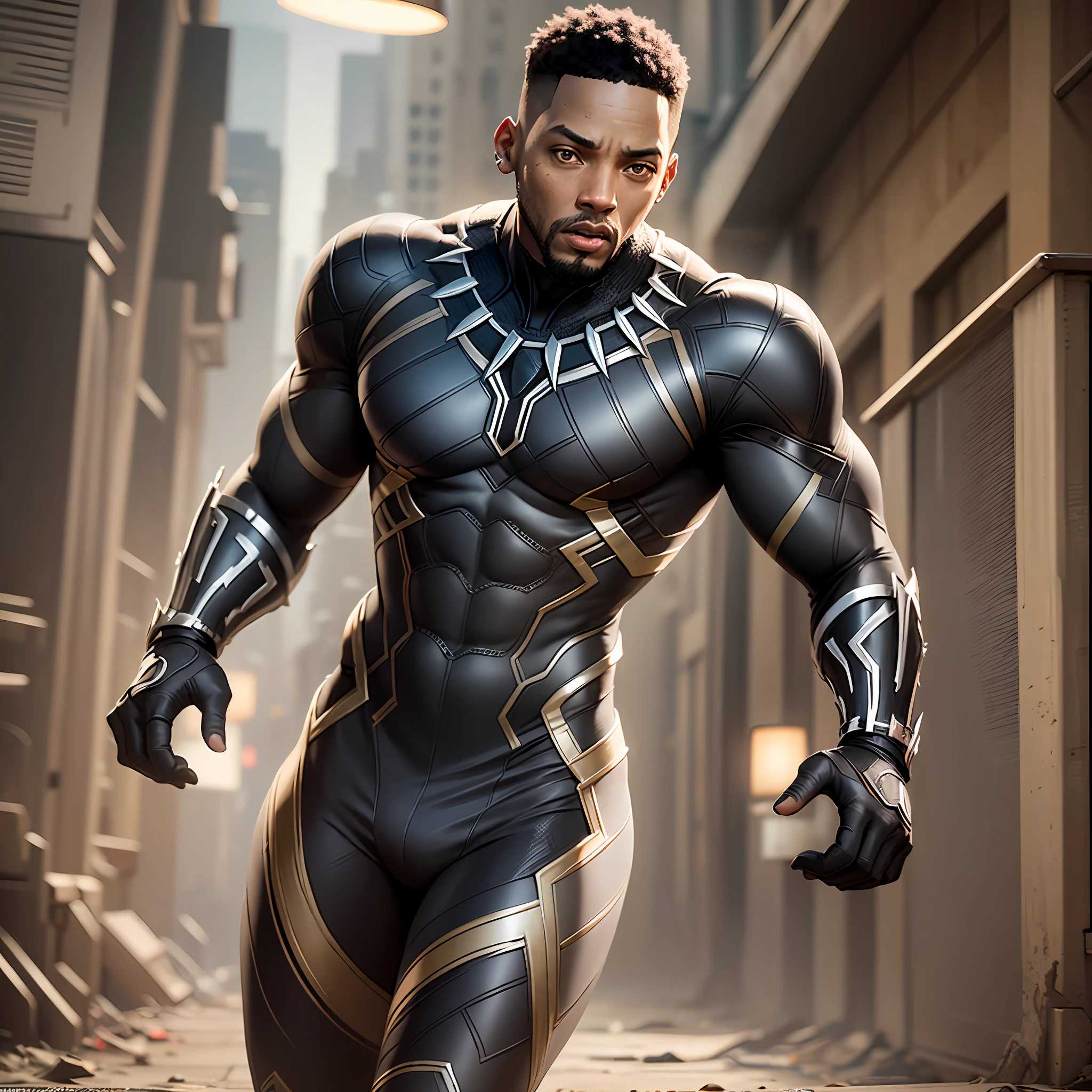 Black Panther - black man, fine art, ps5 cinematic screenshot, with Will Smith's face, doing the wankada - man, black, detailed cinematic rendering, ultra photorealistic raytricing, with cinematic lighting --auto --s2