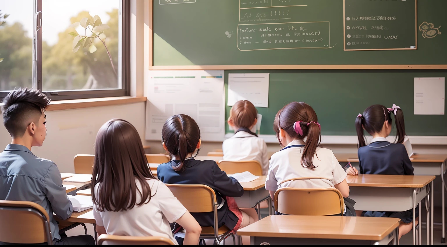primary school、In class、landscapes、chalk board、desk、Students sitting at desks watching their teachers