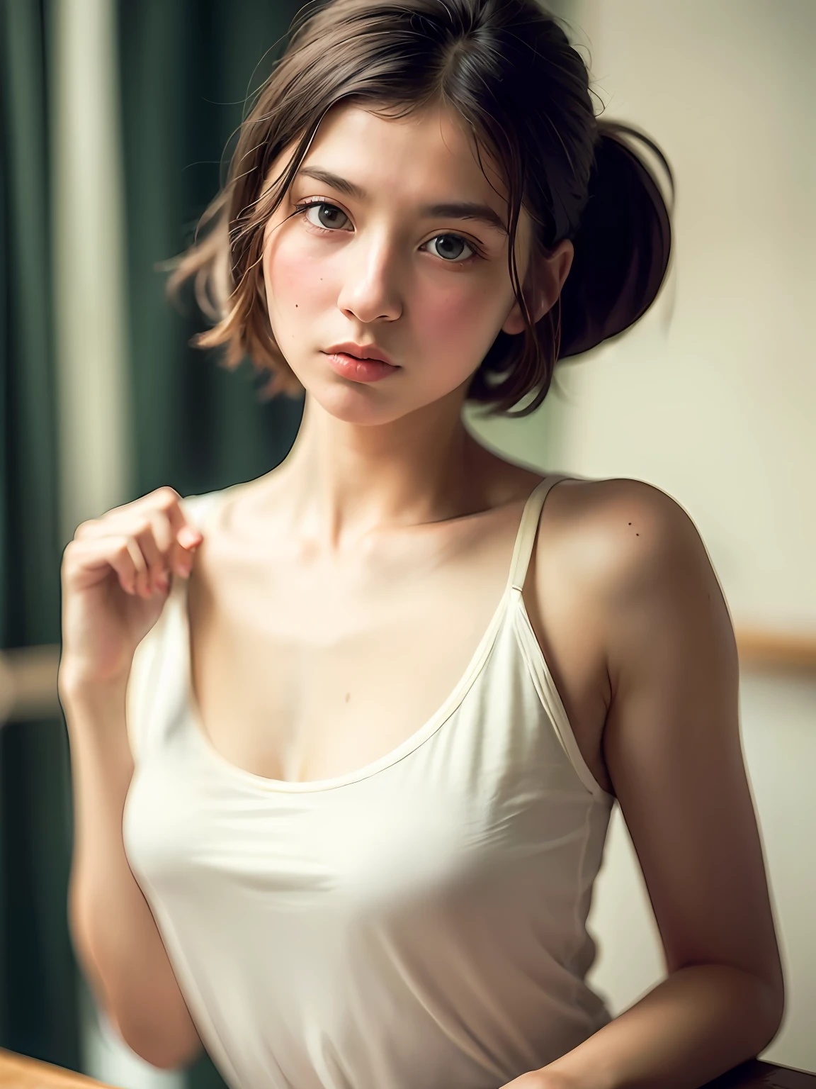 solo, stand in the kitchen, a girl, white shirt, milk falls on the chest area of the shirt, (delicate illustration:1.4), (renaissance art:1.4), (masterpiece:1.0), (best quality:1.4), (ultra highres:1.2), (photorealistic:1.4), (8k, RAW photo:1.2), (soft focus:1.4), (18yo:1.3), (sharp focus:1.4), detailed beautiful face