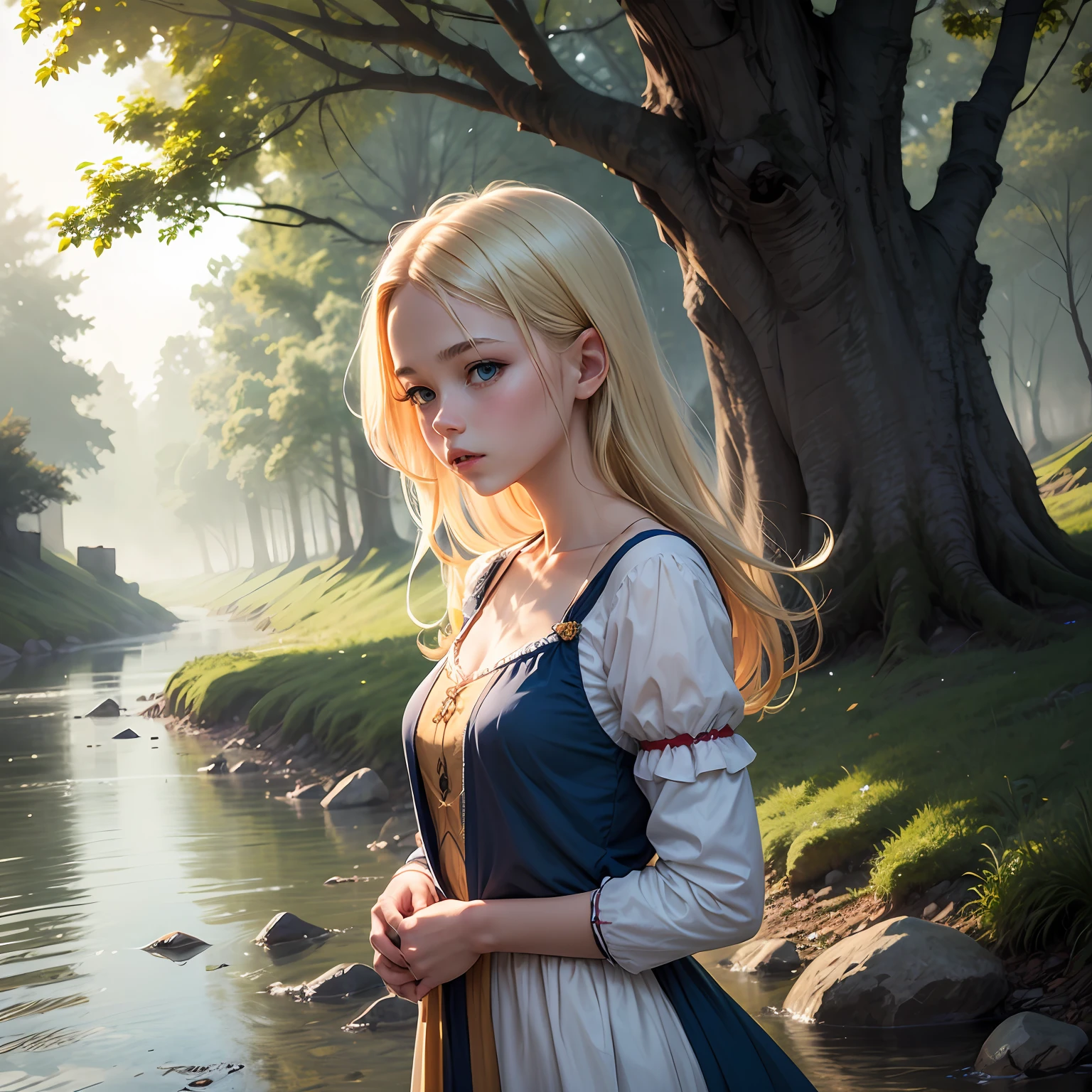 age princess with beautiful blonde hair and blue eyes playing near a tree with a light mist and near a river with a bright mist --auto