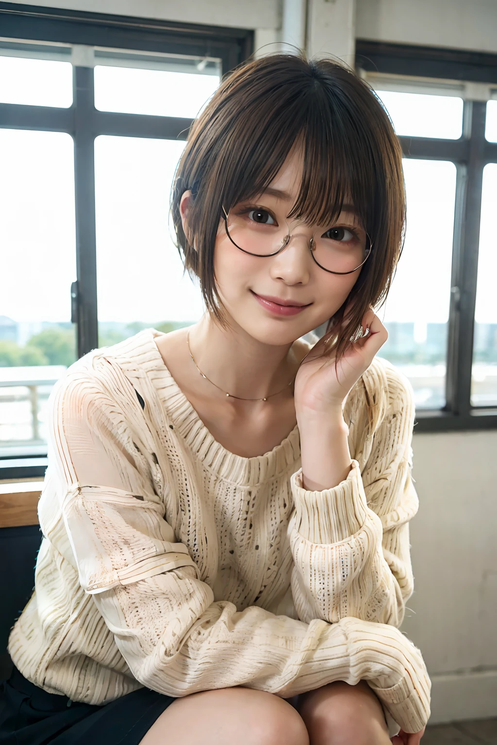 Japan girl in casual clothes in a shopping mall, looking at the viewer, posing with a smile (highest quality, masterpiece))), high resolution, very detailed, masterpiece, cinematic lighting, (8K, highest quality, masterpiece: 1.2), (realistic, photorealistic: 1.37) Hi-Res, Super Detail, 1 Girl, Woman with Glasses, Thin Frame Round Glasses, Light Colored Glasses Frame, asian, cute, cute face, solo, short hair 1.2, texture skin, beautiful smile, beautiful detailed sky, movie lighting, depth of field, lens flare light, sitting, dating, (blushing), (smile: 1.15), small breasts (mouth closed), eyes with beautiful details, (light blue sweater: 1.1), (short hair: 1.2), floating hair Nova Frog style,