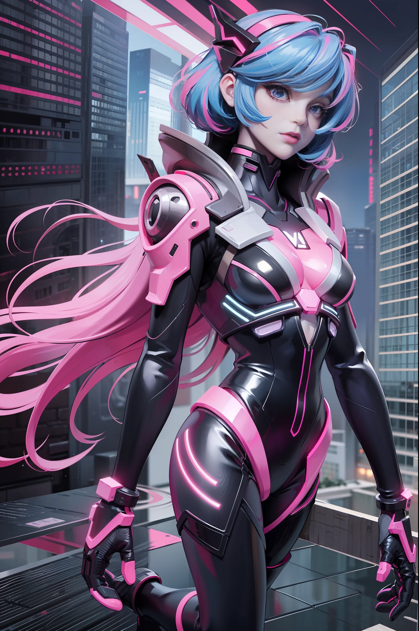 full body picture Unreal Engine 5 8K UHD of beautiful women, futuristic red energy wings, wearing evangelion plug suit, half face cyberpunk mask, futuristic neck collar, beauty makeup, pink neon light details, best quality, masterpiece