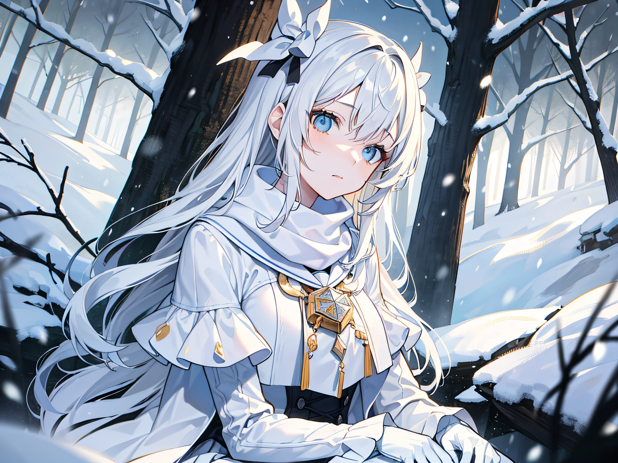 Light blue eyes，Princess cut，gray hairs，White thigh boots，White Gothololita，White over-the-knee stockings，white bows，Full body like，sweeping bangs，half-closed eye，Long white scarf，forested，Night，winter season，a masterpiece of，4K，Award-winning photos，Extremely detailled，finely detailled，Highly detailed woman，Teen girls，Extremely detailed eyes and face，Best Quority，Indifferent expression