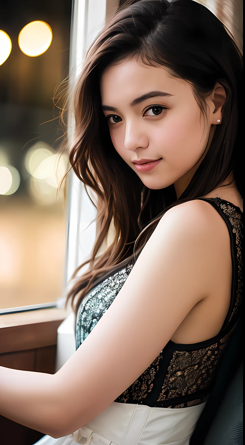 Stunning close-up portrait of a young and beautiful woman with RAW, analog style and impressive features. She should have long, flowing hair, a seductive gaze, and an attractive look. The background is neutral and simple, allowing the woman to be the focal point of the image. Pay attention to details, such as highlights and shadows on her face and hair, to create realistic and realistic images. Experiment with different lighting techniques to enhance the mood and atmosphere of your portrait. The final product should be a masterpiece that captures the essence and beauty of women ((very detailed skin, skin details)), Sharp Focus, Volumetric Fog, 8K, UHD, DSLR, High Quality, Film Grain, FUJIFILM XT3, White Sleeveless Dress, Hemp Dress, Short Hair, Tousled Hair, Antique Cafe Chair, Little Smile, Outside the window: rain, crowd, night, evening, warm lights, dark lights