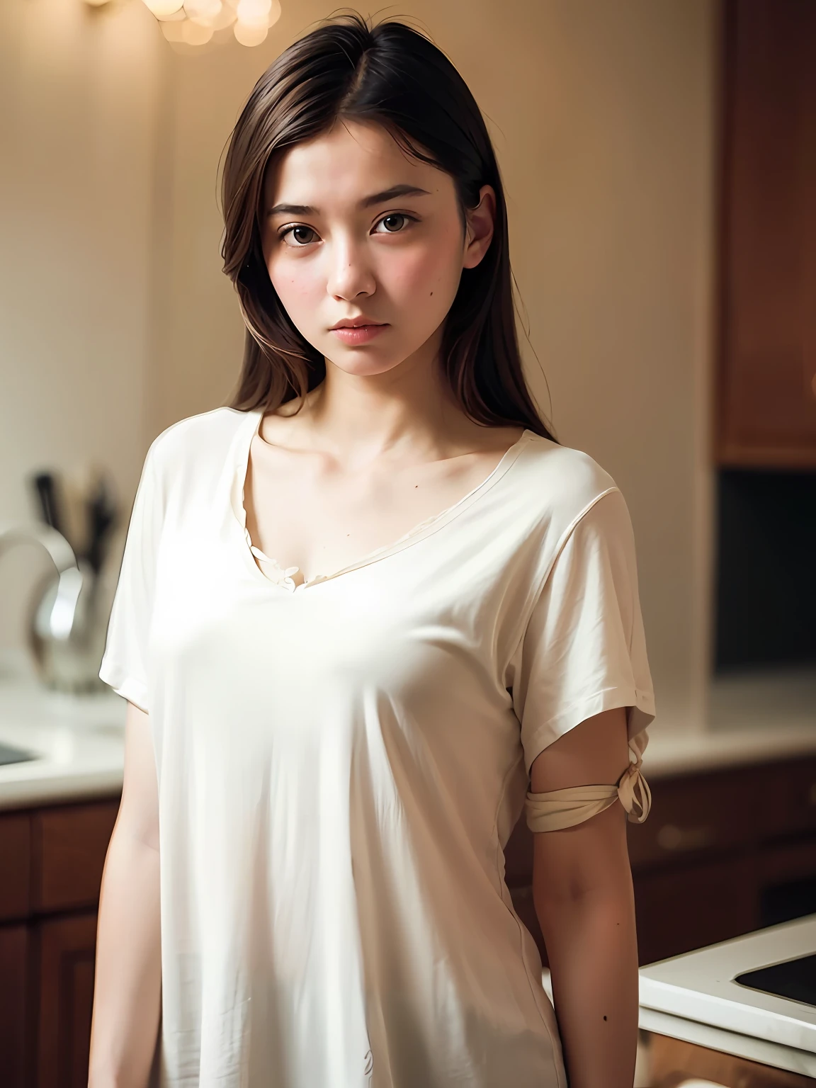solo, stand in the kitchen, a girl, white shirt, milk falls on the chest area of the shirt, (delicate illustration:1.4), (renaissance art:1.4), (masterpiece:1.0), (best quality:1.4), (ultra highres:1.2), (photorealistic:1.4), (8k, RAW photo:1.2), (soft focus:1.4), (18yo:1.3), (sharp focus:1.4), detailed beautiful face