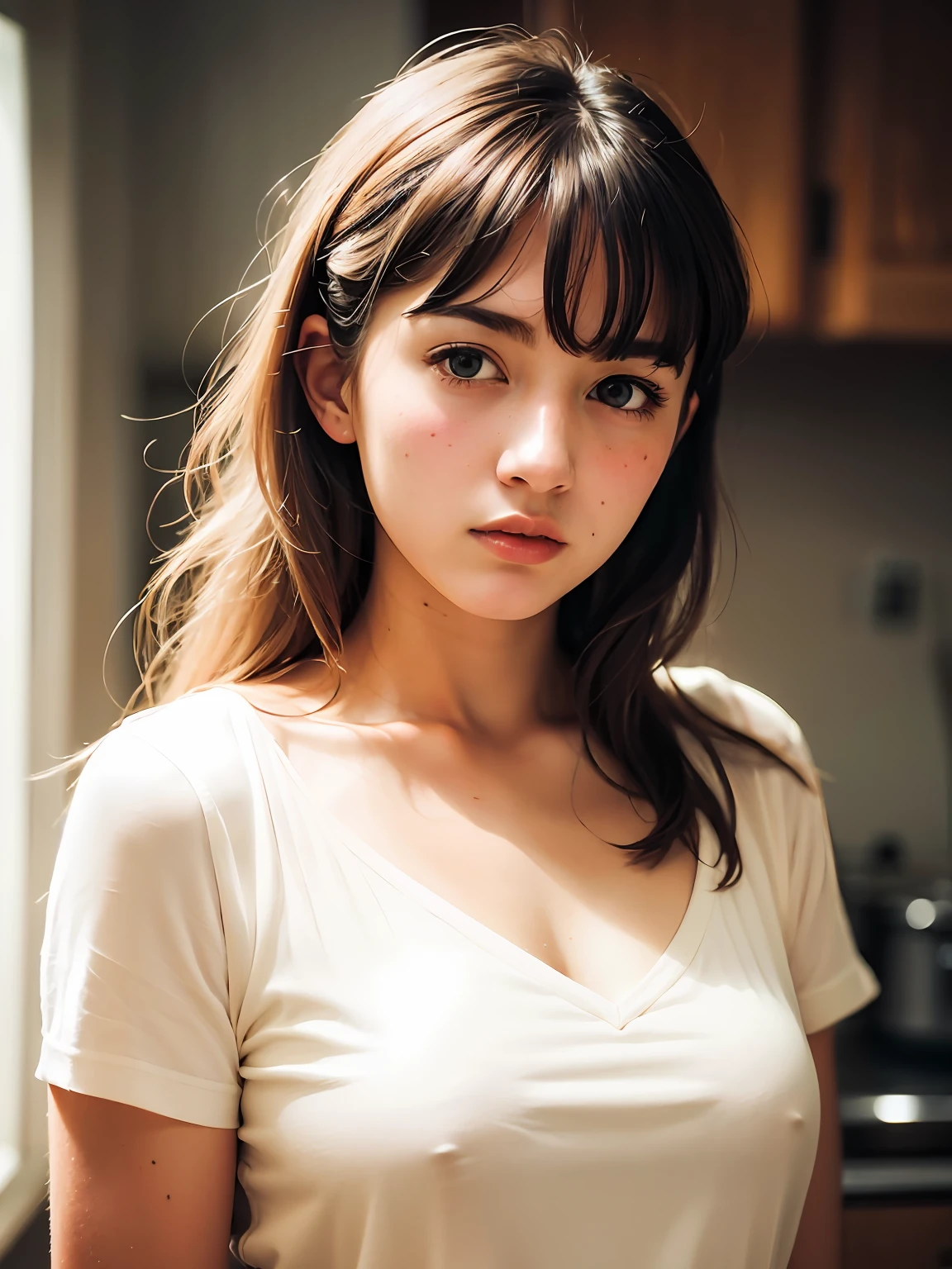 solo, stand in the kitchen, a girl, white shirt, milk falls on the chest area of the shirt, (delicate illustration:1.4), (renaissance art:1.4), (masterpiece:1.0), (best quality:1.4), (ultra highres:1.2), (photorealistic:1.4), (8k, RAW photo:1.2), (soft focus:1.4), (18yo:1.3), (sharp focus:1.4), detailed beautiful face