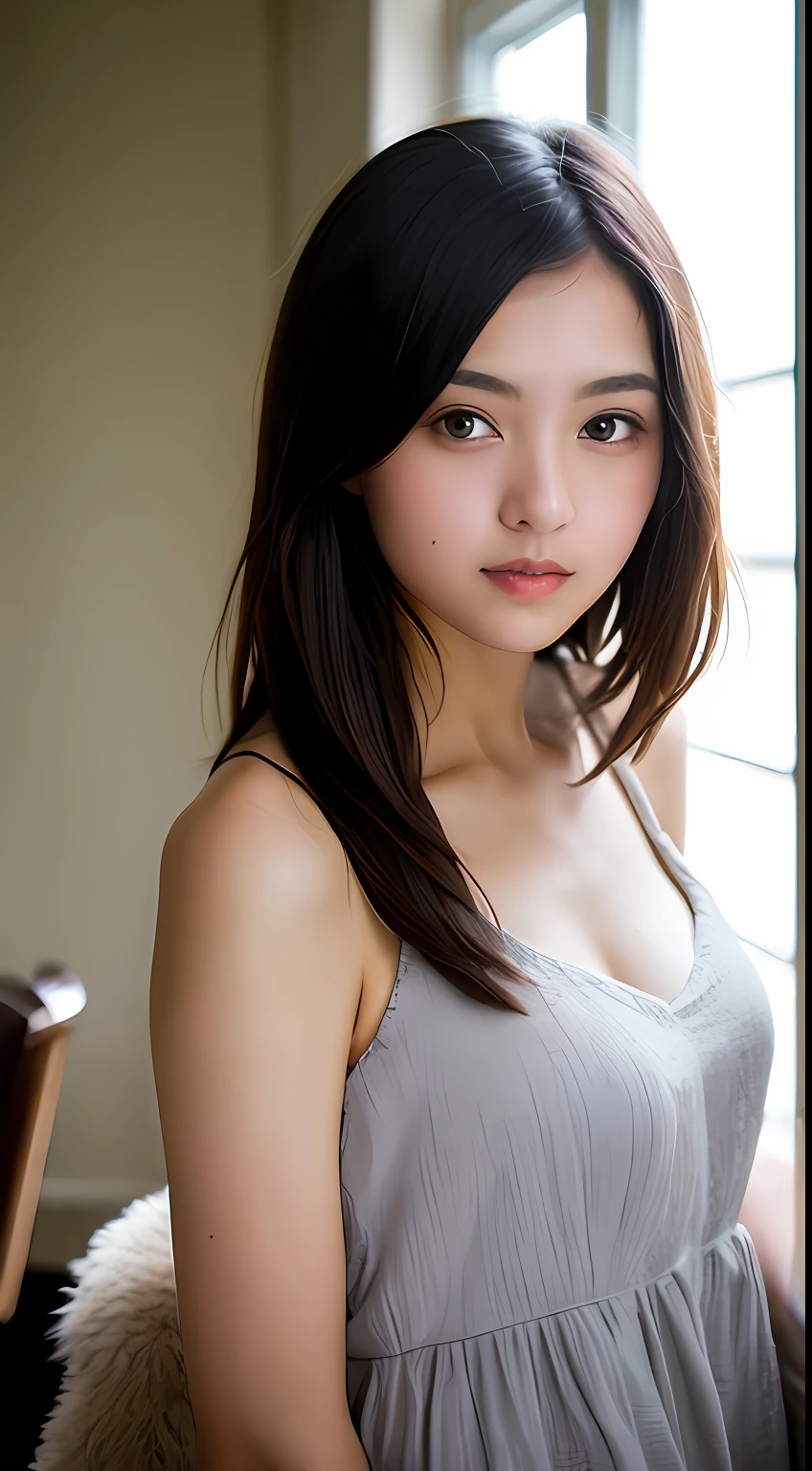 Stunning close-up portrait of a young and beautiful woman with RAW, analog style and impressive features. She should have long, flowing hair, a seductive gaze, and an attractive look. The background is neutral and simple, allowing the woman to be the focal point of the image. Pay attention to details, such as highlights and shadows on her face and hair, to create realistic and realistic images. Experiment with different lighting techniques to enhance the mood and atmosphere of your portrait. The final product should be a masterpiece that captures the essence and beauty of women ((very detailed skin, skin details)), Sharp Focus, Volumetric Fog, 8K, UHD, DSLR, High Quality, Film Grain, FUJIFILM XT3, White Sleeveless Dress, Hemp Dress, Short Hair, Tousled Hair, Antique Cafe Chair, Little Smile, Outside the window: rain, crowd, night, evening, warm lights, dark lights