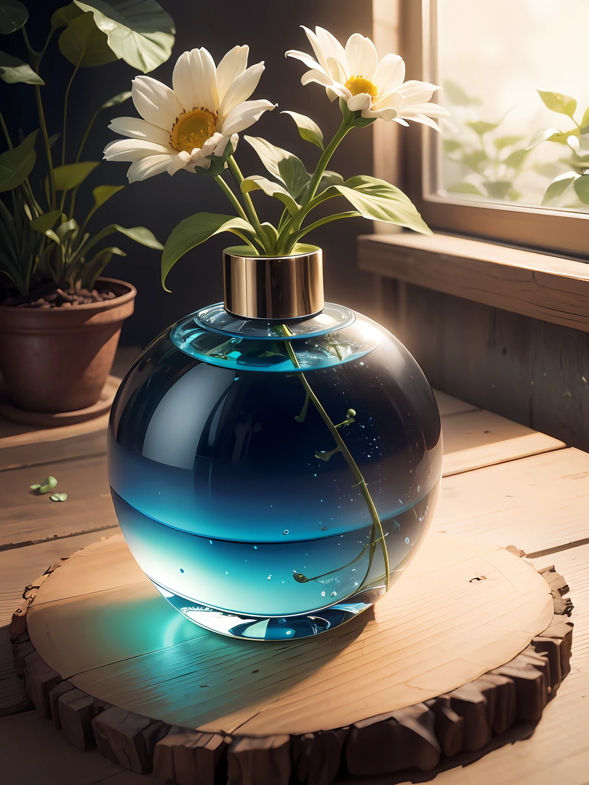Product photography of a perfume bottle arranged with plants and flowers, realistic, light background, realistic rendering --v 6