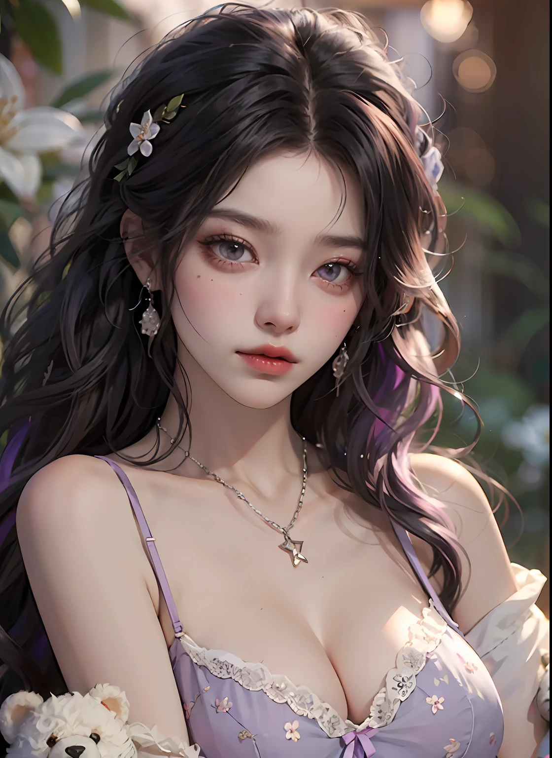 1 girl, cleavage, high detail eyes, sulky face, high detail lips, 18 years old girl, short wave ash purple hair, photo_\(medium\), black lure nightdress, realistic, sleeping, very huge breast, solo, thighs slightly open, stuffed animals, stuffed animals, teddy bears, underwear,(masterpiece),(photoreal: 1.3), nfsw, ultra detailed, (high detail skin: 1.2), (top quality: 1.0), (ultra high definition: 1.0), light on face, official lady, earing, necklace, flowers on hair, korean idol, shy, shy look, lingerie