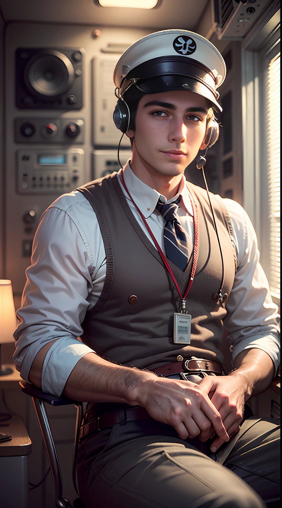 man in his 20s, cruise ship radio operator from 1910s, friendly look, talking on a radio, ship room, sitting, cinematic lighting, UHD, masterpiece, textured skin, super detail, anatomically correct