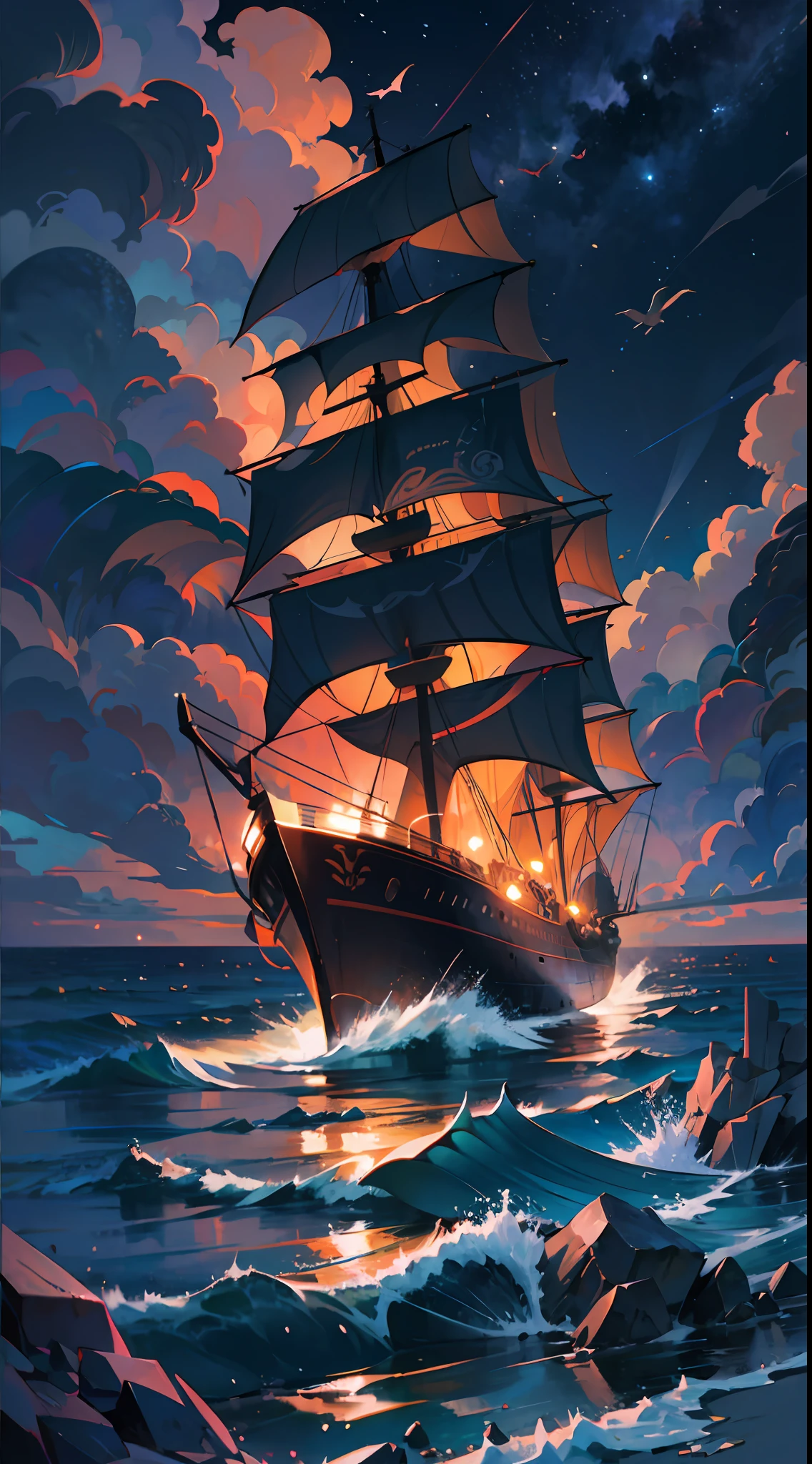 The ship is in the center of the ocean, dark night, violent storms, HD, mermaid, orange thunder background, best quality, some rocks around, rocks, best ship, mermaid on ocean, best mermaid, 16k, big ship, ship close to camera, Birds fly around, birds, night time, best lights, octane