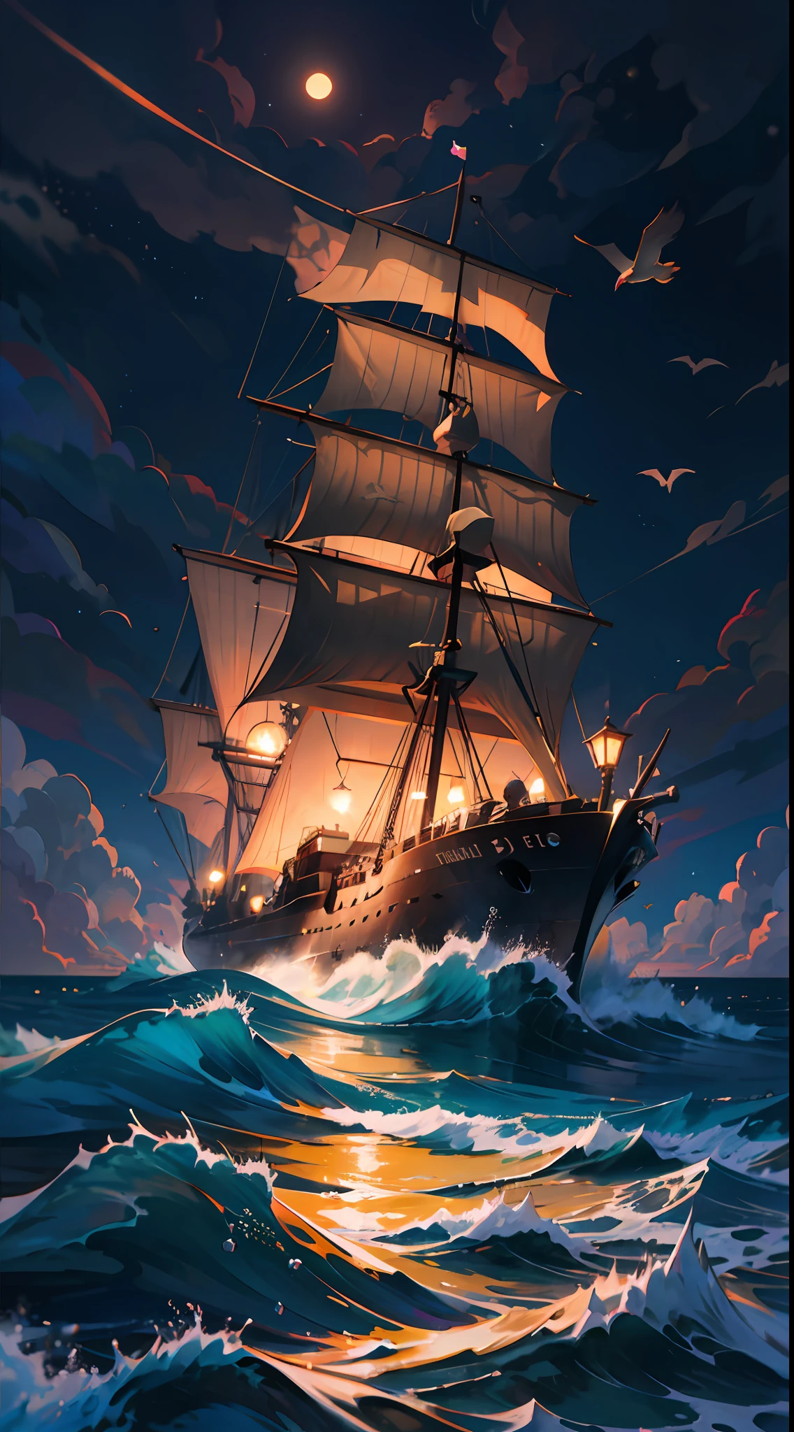 The ship is in the center of the ocean, dark night, violent storms, HD, mermaid, orange thunder background, best quality, some rocks around, rocks, best ship, mermaid on ocean, best mermaid, 16k, big ship, ship close to camera, Birds fly around, birds, night time, best lights, octane