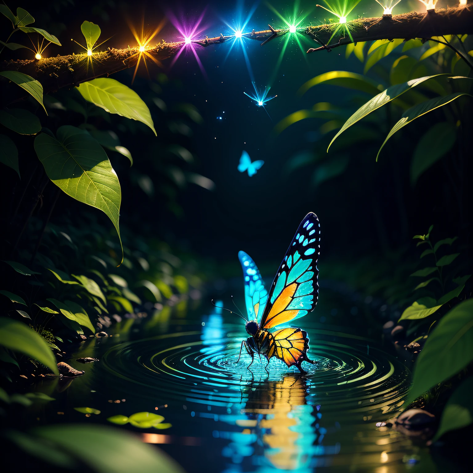 bioluminiscent butterfly on water, fireflies, 4k --auto