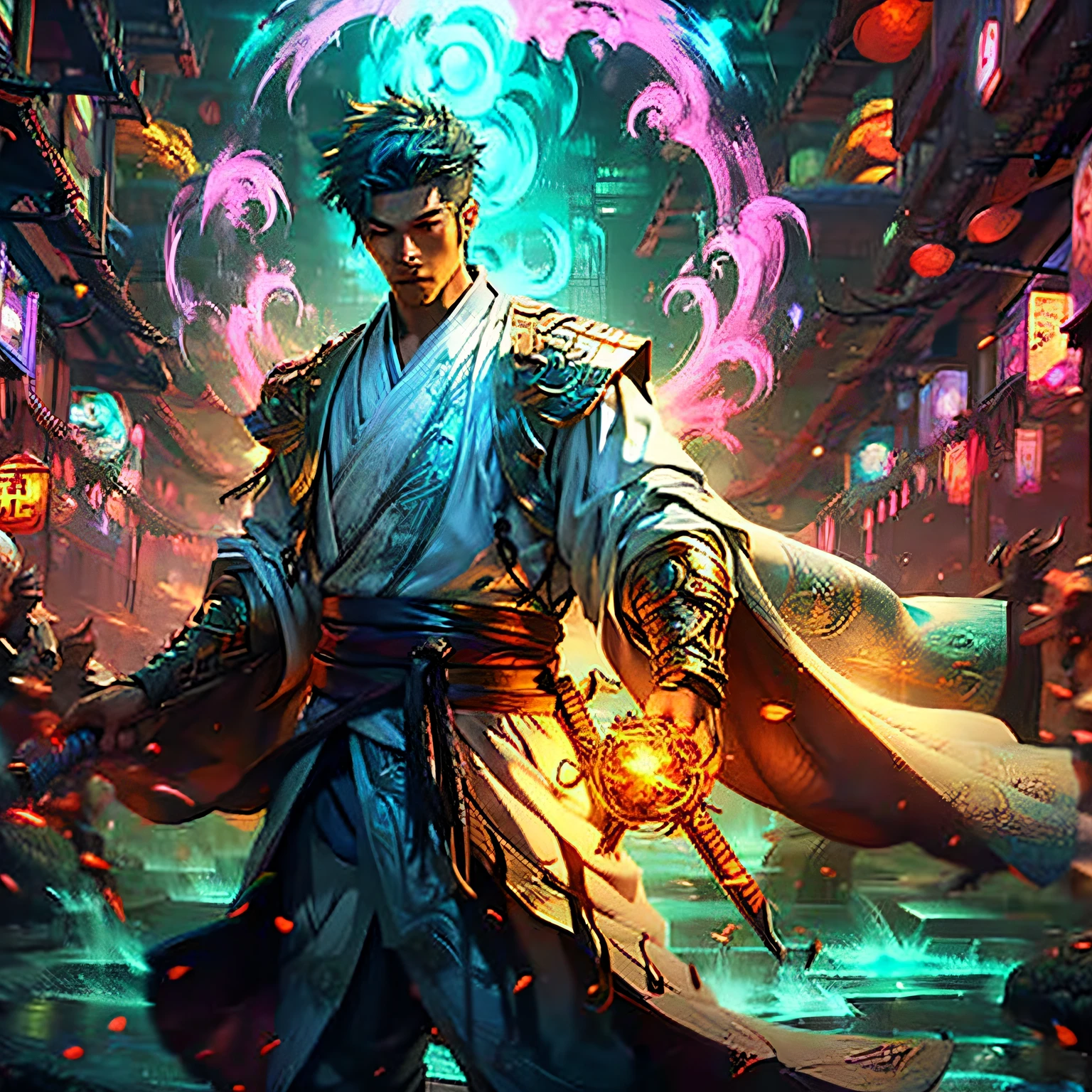 Blue-haired boy,Holding a purple-black sword,Six silver swords floated around,A dragon is wrapped around his right arm ,Wearing a purple-black Taoist robe,blue themed