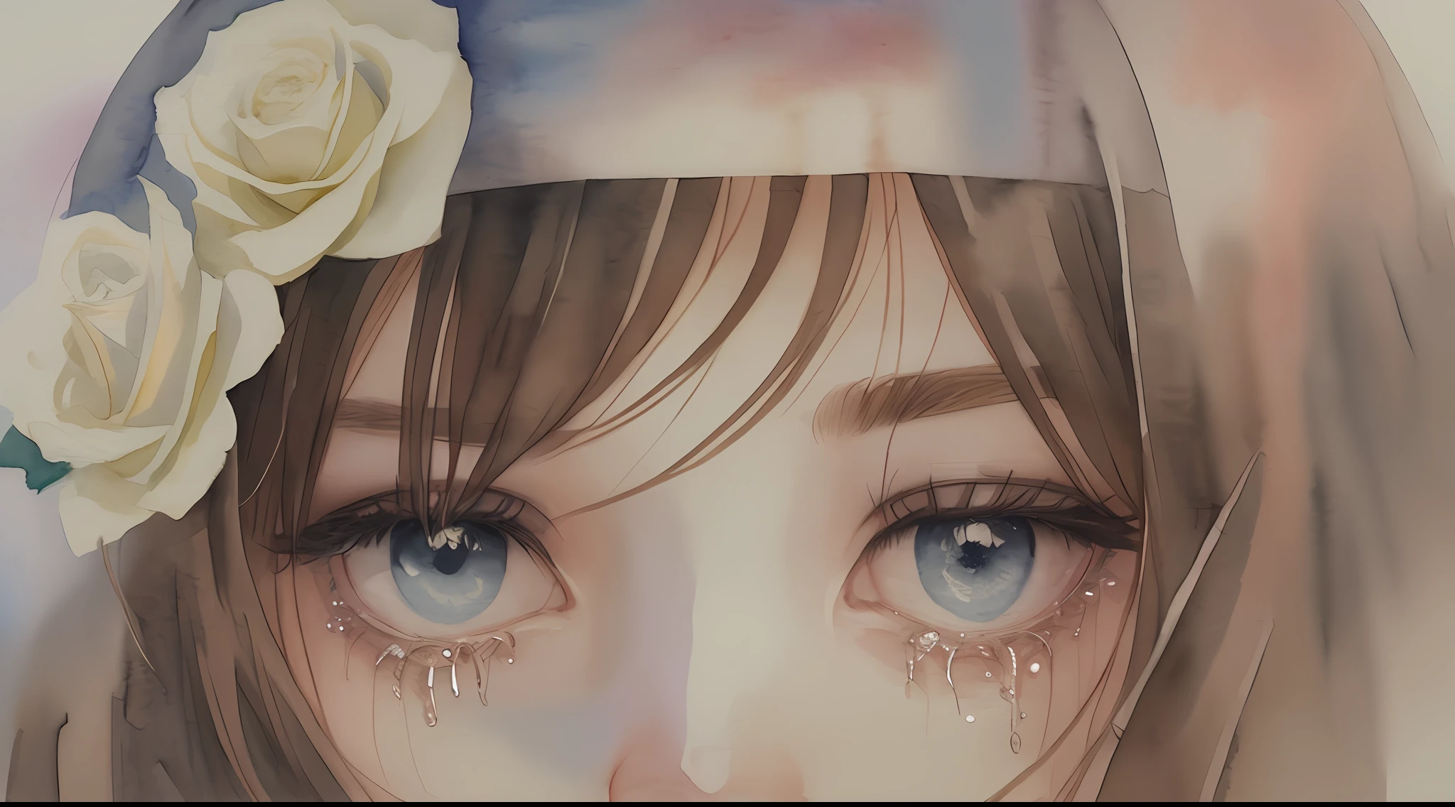/imagine prompt: Vintage watercolor,The close-up of the girl's half face with tears covers most of the frame,The atmosphere is dim,Low saturation vintage color scheme,Small white roses, Soft lines, The picture is depressing,Imatoshi。 --auto