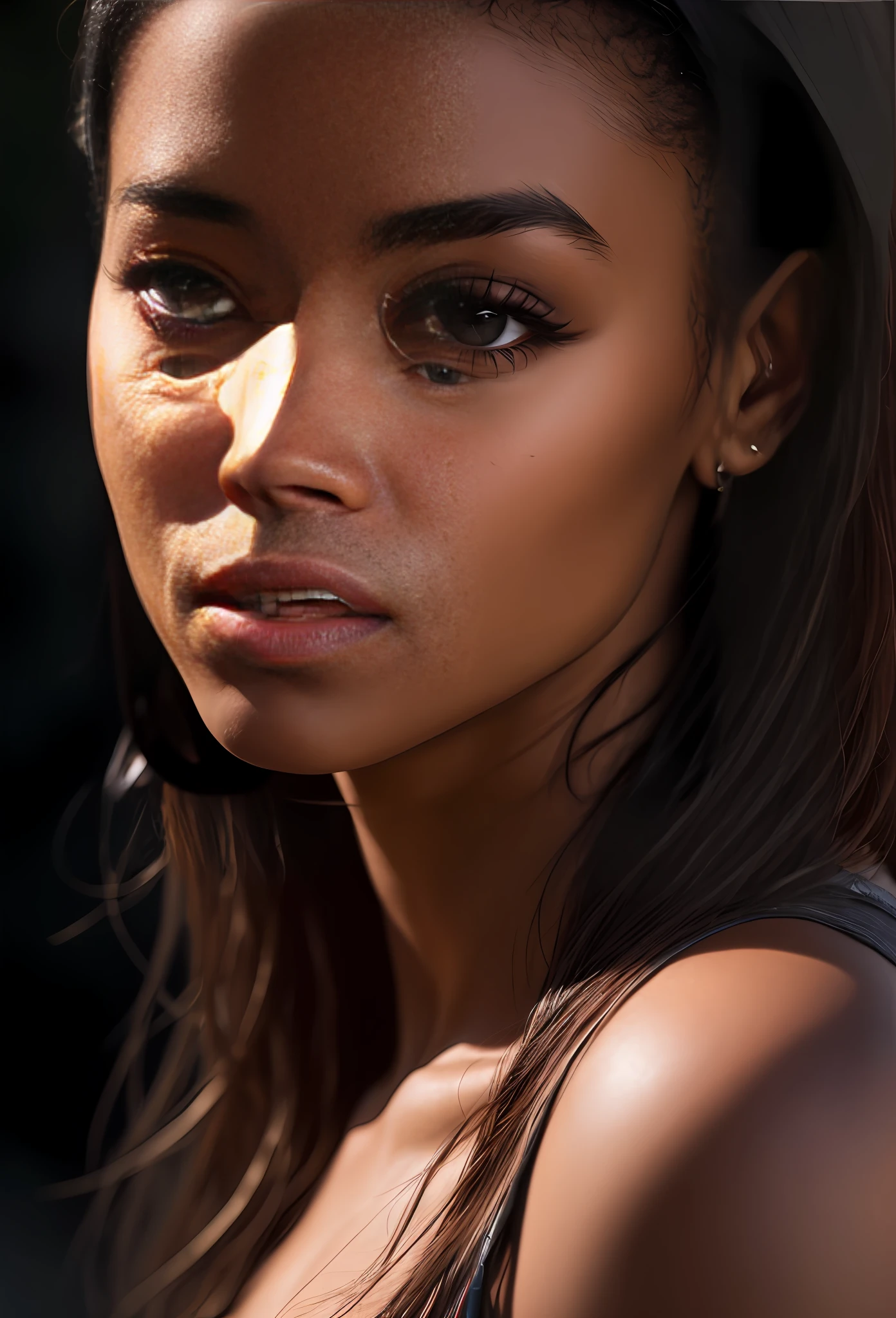 detailed black woman face looking at camera dark-brown eyes