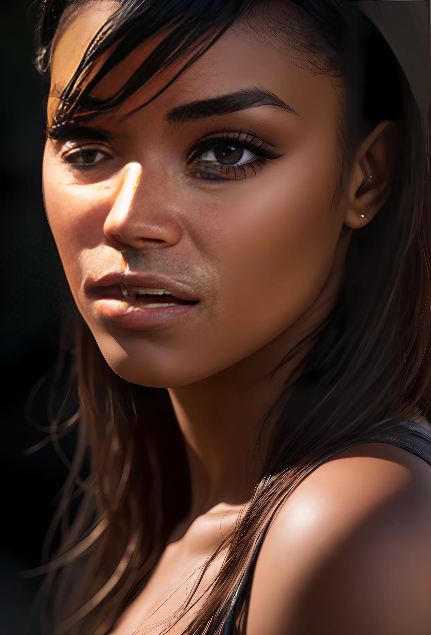 detailed black woman face looking at camera dark-brown eyes