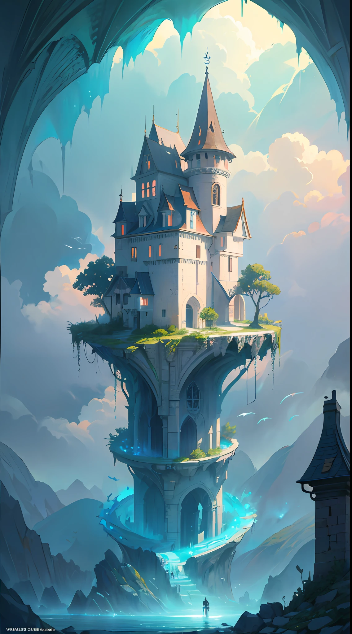 Masterpiece, High Quality, Ocean Forest, City, Fantastic Fantasy, Glowing Plants, Coral Viaduct, (Swarm of Glowing Jellyfish), (Shoal of Fish with Transparent Wings Flying in the Sky), Misty, Extreme Detail, Morning Light, Epic Composition, (Intricate Detail), (Intricate Design, Ultra Detail: 1.2), Art Station, (Masterpiece, Best Quality), Ultra HD, 32k ,castle,relic ,(Underworld),Underground --v 6