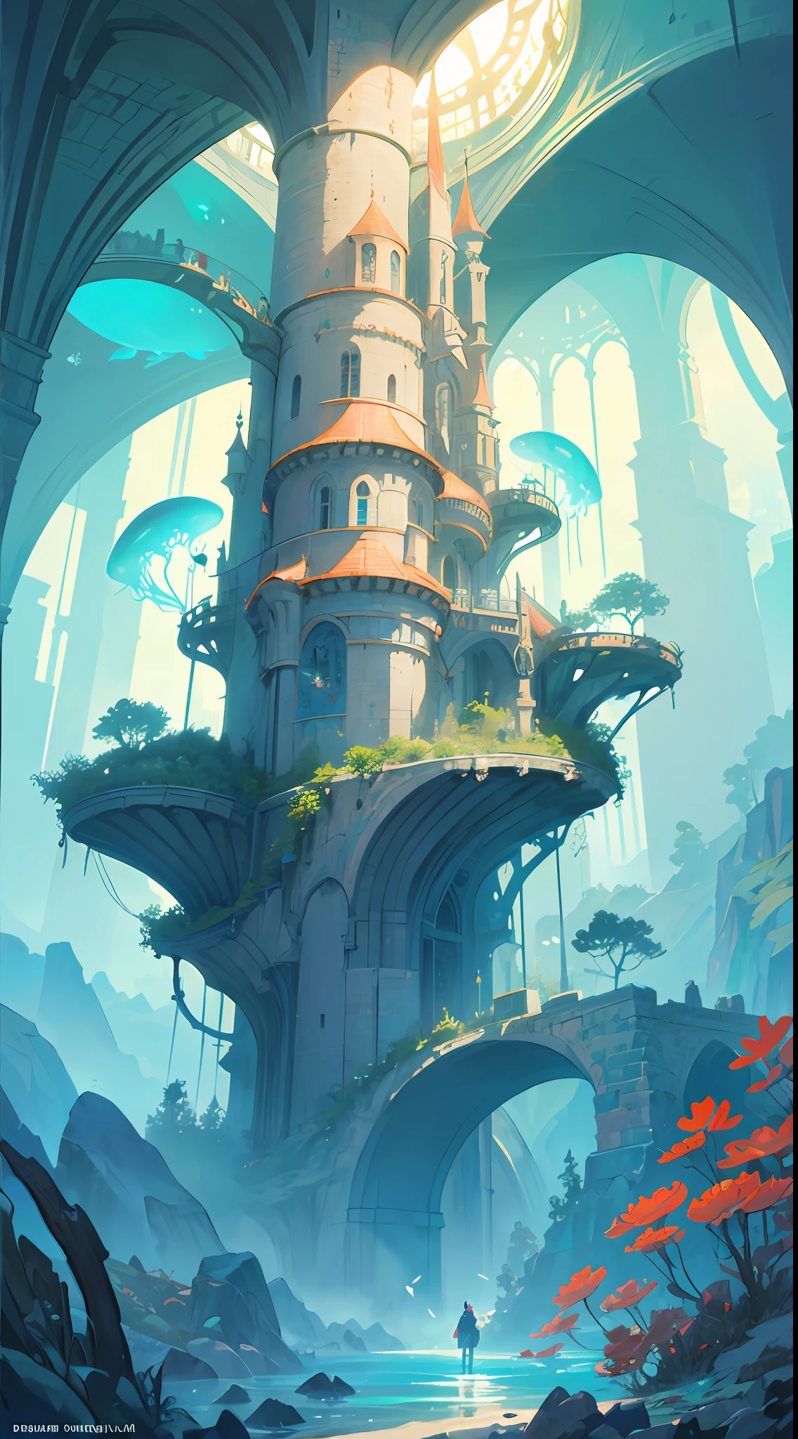 Masterpiece, High Quality, Ocean Forest, City, Fantastic Fantasy, Glowing Plants, Coral Viaduct, (Swarm of Glowing Jellyfish), (Shoal of Fish with Transparent Wings Flying in the Sky), Misty, Extreme Detail, Morning Light, Epic Composition, (Intricate Detail), (Intricate Design, Ultra Detail: 1.2), Art Station, (Masterpiece, Best Quality), Ultra HD, 32k ,castle,relic ,(Underworld),Underground --v 6