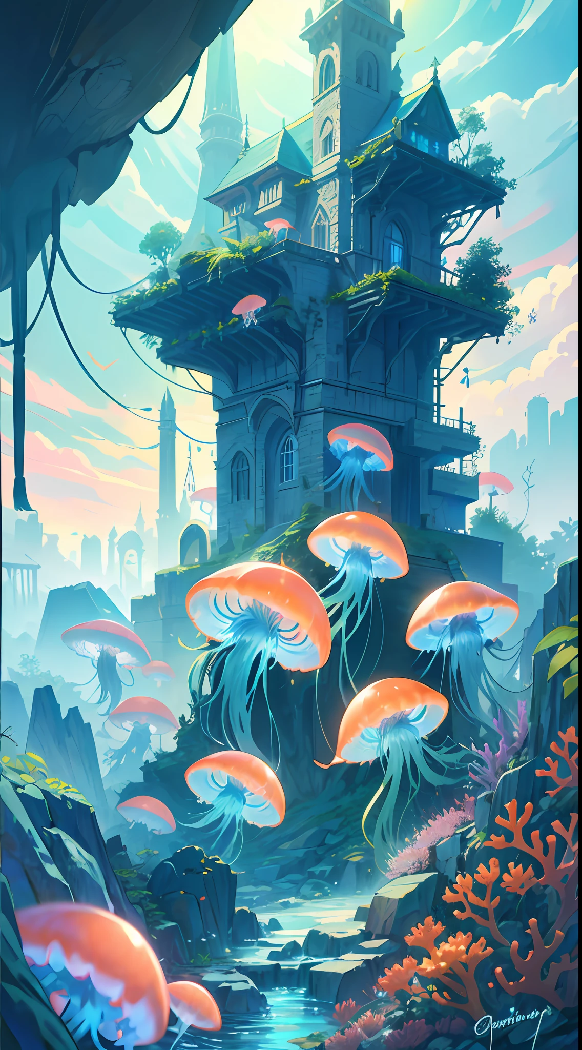 Masterpiece, High Quality, Ocean Forest, City, Fantastic Fantasy, Glowing Plants, Coral Viaduct, (Swarm of Glowing Jellyfish), (Shoal of Fish with Transparent Wings Flying in the Sky), Misty, Extreme Detail, Morning Light, Epic Composition, (Intricate Detail), (Intricate Design, Ultra Detail: 1.2), Art Station, (Masterpiece, Best Quality), Ultra HD, 32k ,castle,relic ,(Underworld),Underground --v 6