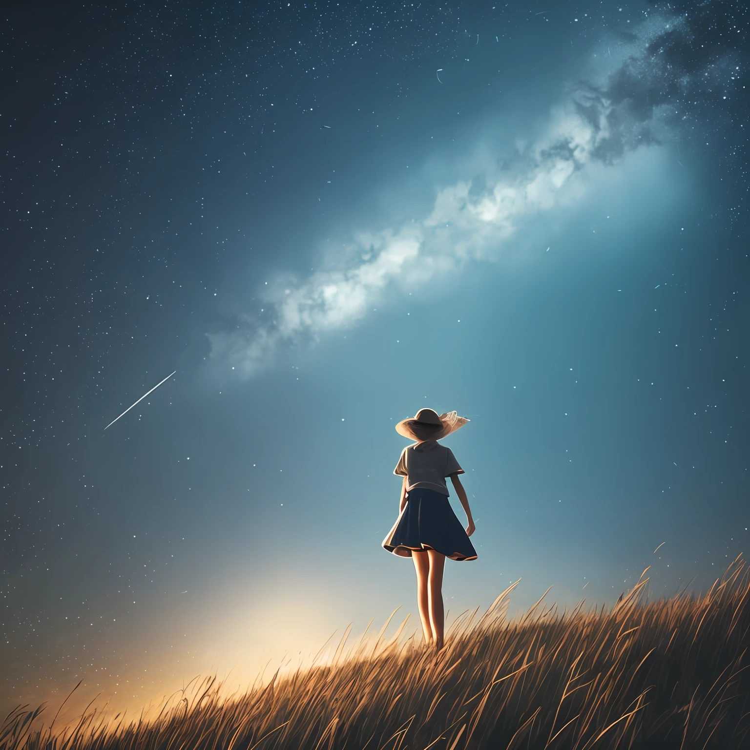 (шедевр)8K分辨率、beste-Qualit、dark、nigh sky、age girl standing on a hill、Rear view、Short hair fluttering in the wind、