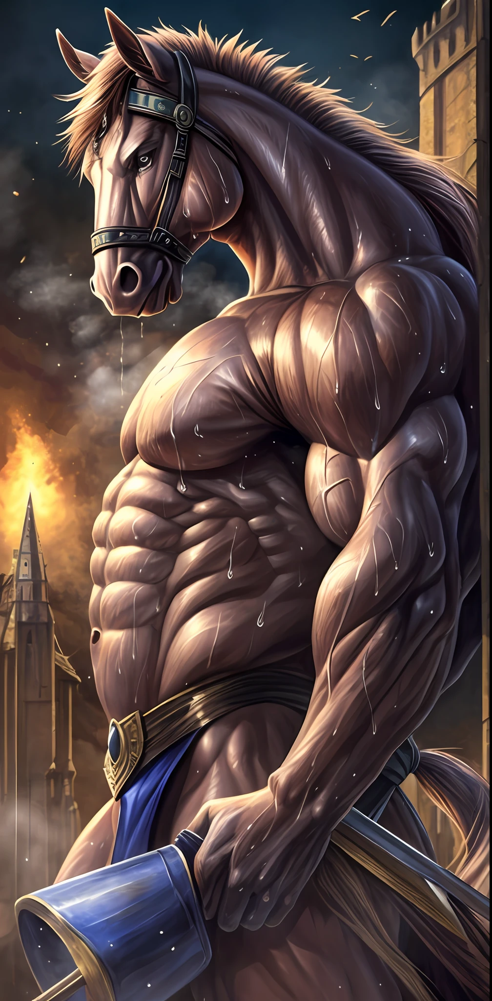 Top Quality, High-quality illustrations, the beautiful depiction of light seen in Vermeer's works, the intricate portrayal of muscles found in Michelangelo's works are highly admired, masterpiece, Dark Fantasy, Castle, Gatekeeper (Highly Detailed Beautiful Face and Eyes) absurdres, Perfect  ((kemono, Beastman, Solo Focus)) (Anthro: 1.7) ((Horse  Features, Horse Body Features)) (Dense and Detailed Muscles)) Full Body (Fighting Pose) Armor, Spear, Medieval Warrior, (dense sweat:1.4),