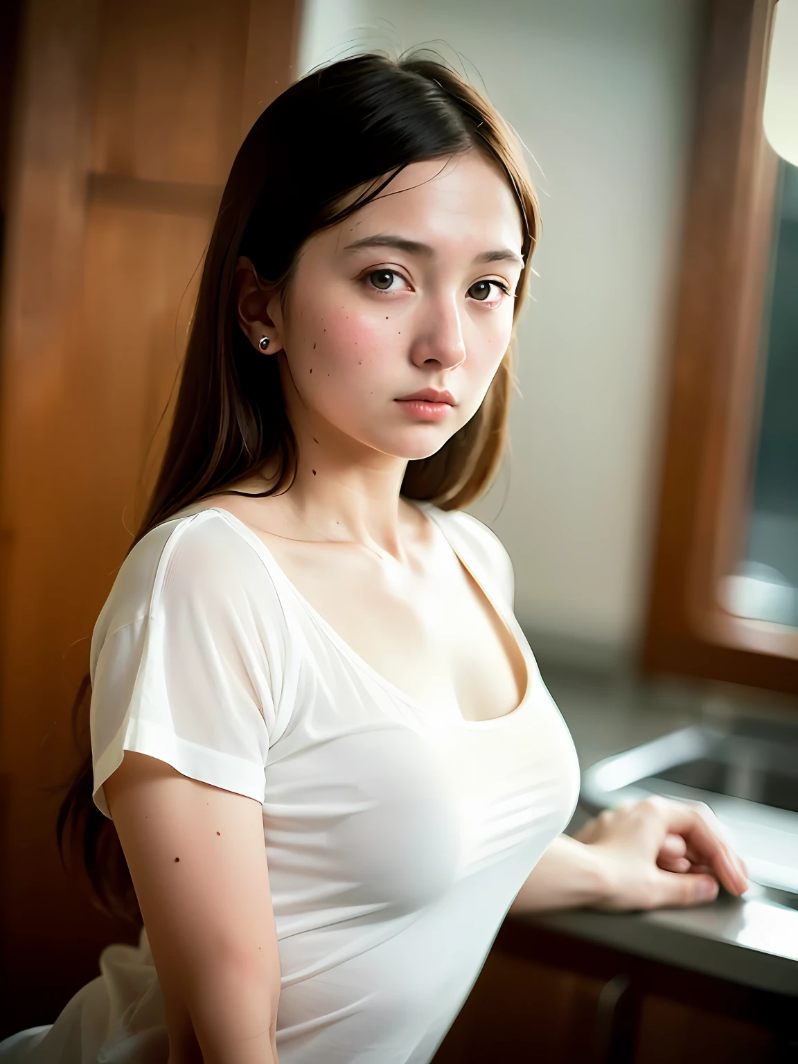 solo, stand in the kitchen, a girl, white shirt, milk falls on the chest area of the shirt, (delicate illustration:1.4), (renaissance art:1.4), (masterpiece:1.0), (best quality:1.4), (ultra highres:1.2), (photorealistic:1.4), (8k, RAW photo:1.2), (soft focus:1.4), (18yo:1.3), (sharp focus:1.4), detailed beautiful face
