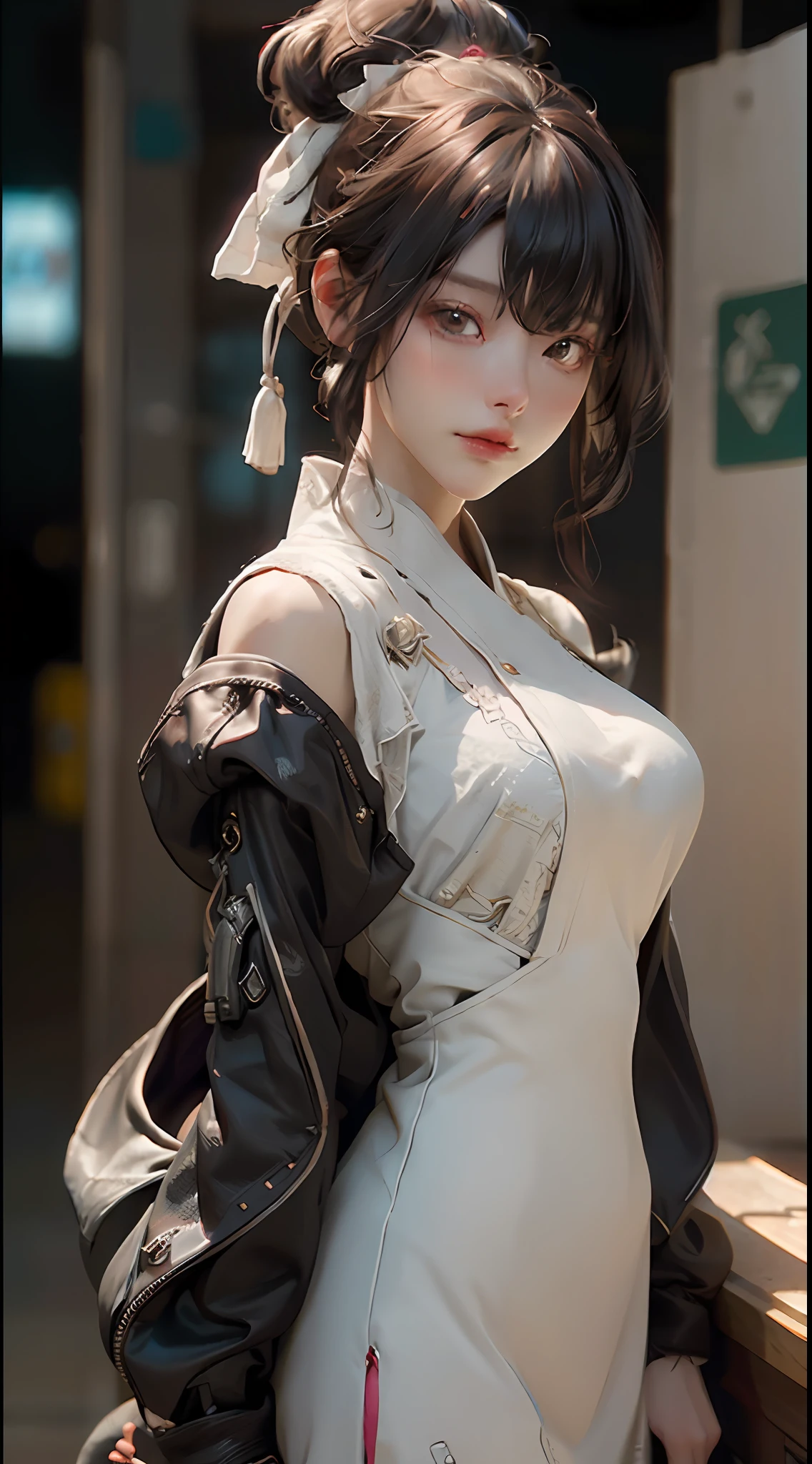 ((Best Quority)), ((a masterpiece of)), (the detail:1.4), 3D, A beautiful cyberpunk female image,hdr（HighDynamicRange）,raytrace,NVIDIA RTX,Hyper-Resolution,Unreal 5,Subsurface scattering、PBR Texture、post-processed、Anisotropy Filtering、depth of ﬁeld、maximum definition and sharpness、multi-layer texture、Albedo e mapas Speculares、Surface coloring、Accurate simulation of light-material interactions、perfectly proportioned、rendering by octane、Two-colored light、Large aperture、Low ISO、White balance、thirds rule、8K raw data、（the maid outfit：1.3）