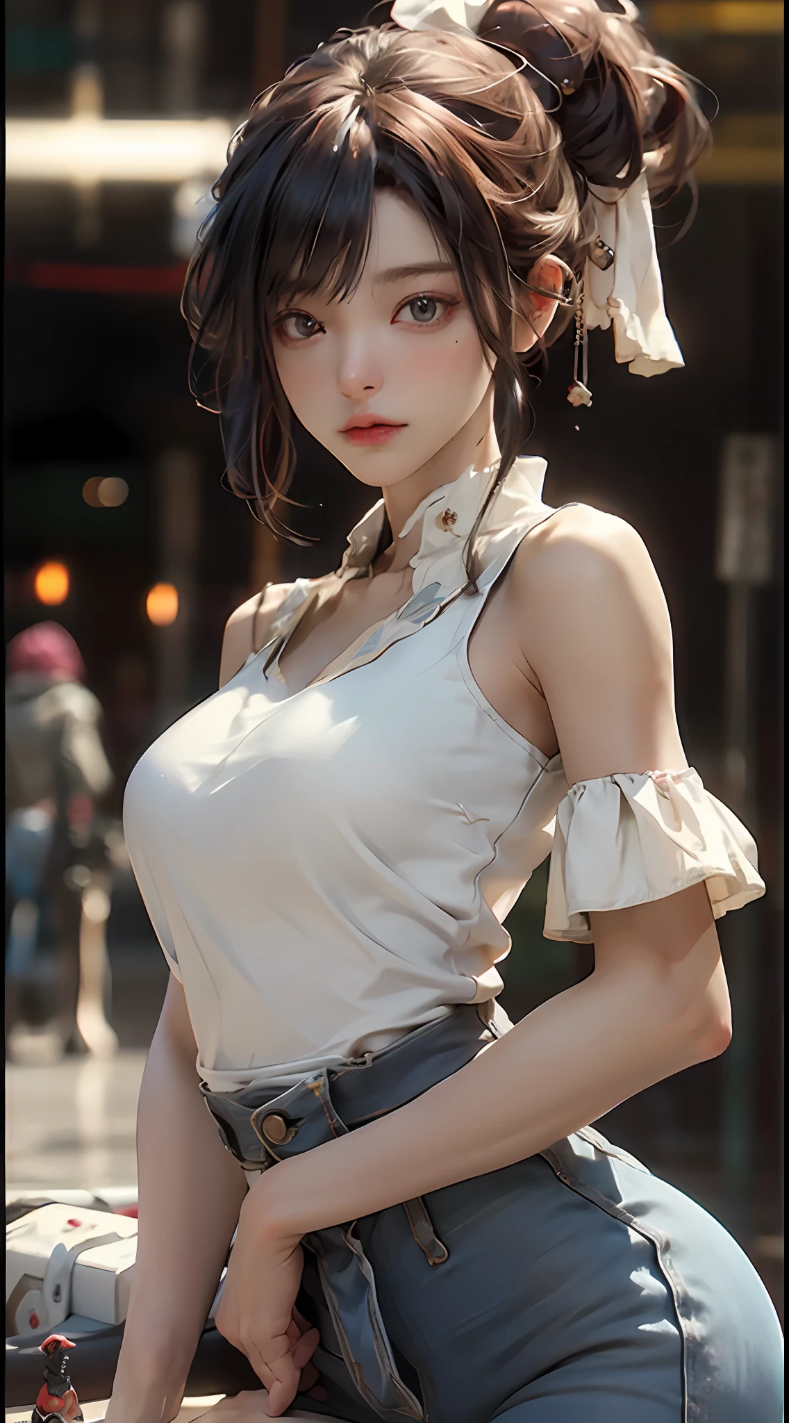 ((Best Quority)), ((a masterpiece of)), (the detail:1.4), 3D, A beautiful cyberpunk female image,hdr(HighDynamicRange),raytrace,NVIDIA RTX,Hyper-Resolution,Unreal 5,Subsurface scattering、PBR Texture、post-processed、Anisotropy Filtering、depth of field、maximum definition and sharpness、multi-layer texture、Albedo e mapas Speculares、Surface coloring、Accurate simulation of light-material interactions、perfectly proportioned、rendering by octane、Two-colored light、Large aperture、Low ISO、White balance、thirds rule、8K raw data、(Skinny jeans and a tight tank top:1.3),(tetas grandes:1.3)