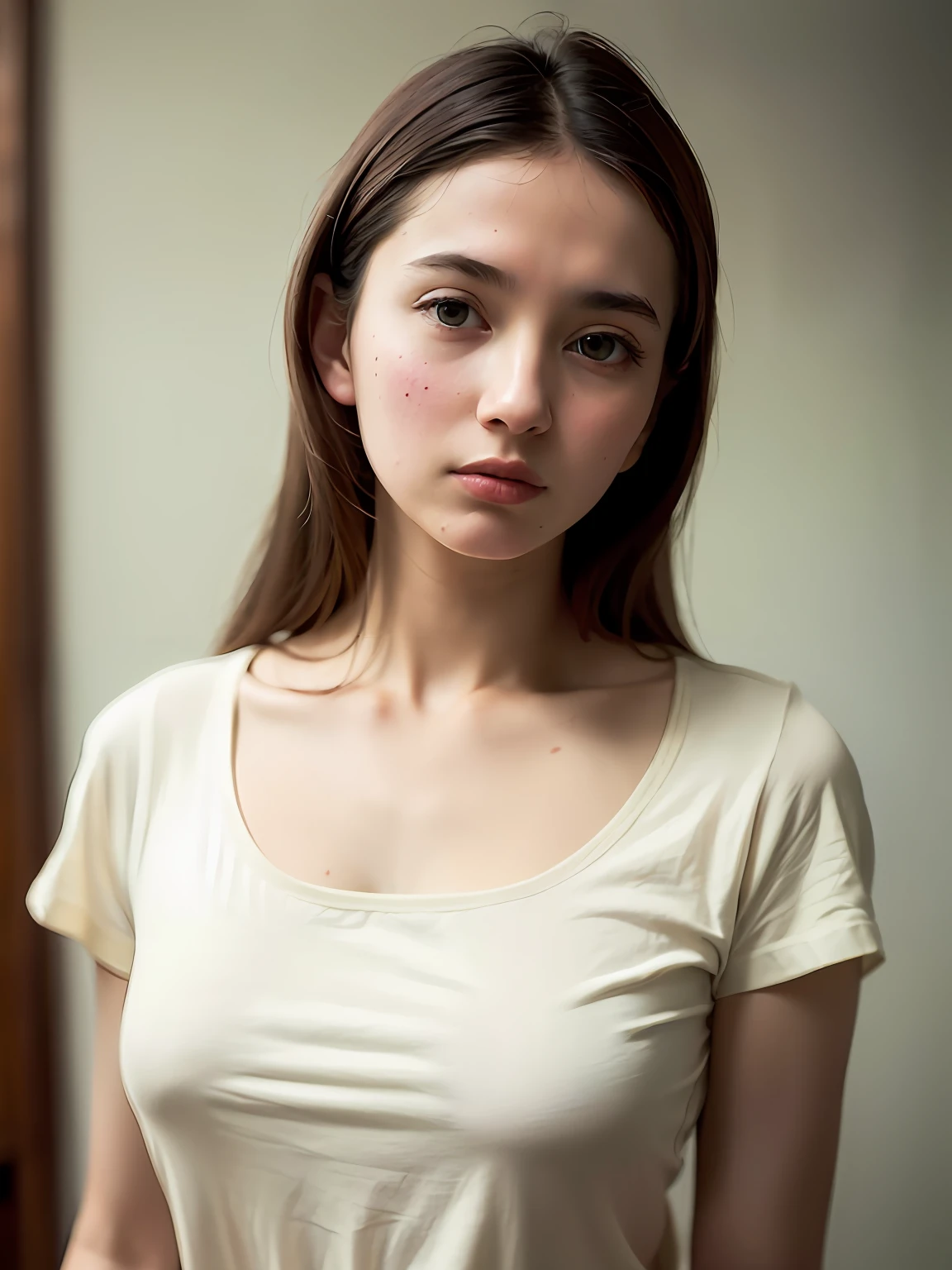 solo, stand in the kitchen, a girl, white shirt, milk falls on the chest area of the shirt, (delicate illustration:1.4), (renaissance art:1.4), (masterpiece:1.0), (best quality:1.4), (ultra highres:1.2), (photorealistic:1.4), (8k, RAW photo:1.2), (soft focus:1.4), (18yo:1.3), (sharp focus:1.4), detailed beautiful face