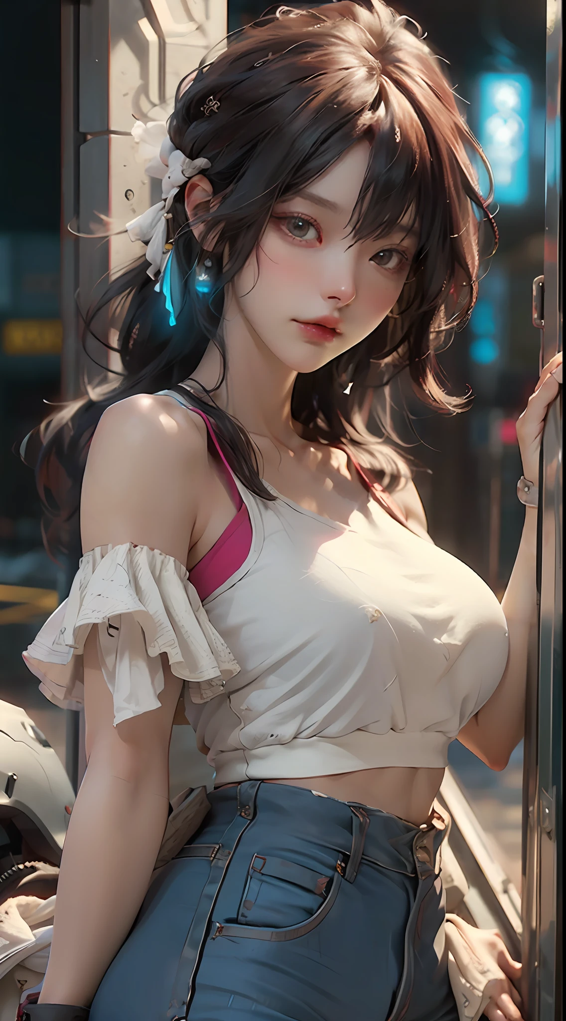 ((Best Quority)), ((a masterpiece of)), (the detail:1.4), 3D, A beautiful cyberpunk female image,hdr（HighDynamicRange）,raytrace,NVIDIA RTX,Hyper-Resolution,Unreal 5,Subsurface scattering、PBR Texture、post-processed、Anisotropy Filtering、depth of ﬁeld、maximum definition and sharpness、multi-layer texture、Albedo e mapas Speculares、Surface coloring、Accurate simulation of light-material interactions、perfectly proportioned、rendering by octane、Two-colored light、Large aperture、Low ISO、White balance、thirds rule、8K raw data、（Skinny jeans and a tight tank top：1.3），（tetas grandes：1.3）