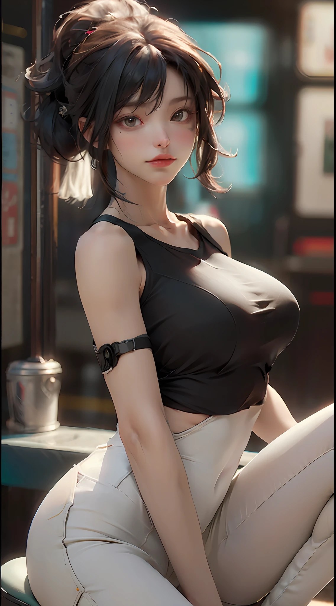 ((Best Quority)), ((a masterpiece of)), (the detail:1.4), 3D, A beautiful cyberpunk female image,hdr（HighDynamicRange）,raytrace,NVIDIA RTX,Hyper-Resolution,Unreal 5,Subsurface scattering、PBR Texture、post-processed、Anisotropy Filtering、depth of ﬁeld、maximum definition and sharpness、multi-layer texture、Albedo e mapas Speculares、Surface coloring、Accurate simulation of light-material interactions、perfectly proportioned、rendering by octane、Two-colored light、Large aperture、Low ISO、White balance、thirds rule、8K raw data、（Skinny jeans and a tight tank top：1.3），（tetas grandes：1.3）