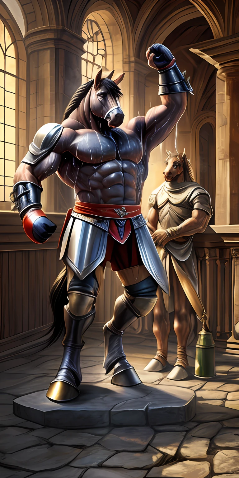 Top Quality, High-quality illustrations, the beautiful depiction of light seen in Vermeer's works, the intricate portrayal of muscles found in Michelangelo's works are highly admired, masterpiece, Dark Fantasy, Castle, Gatekeeper (Highly Detailed Beautiful Face and Eyes) absurdres, Perfect Anatomy ((kemono, Beastman, Solo Focus)) (Anthro: 1.7) ((Horse Facial Features, Horse Body Features)) (Dense and Detailed Muscles)) Full Body (Fighting Pose) Armor, Spear, Medieval Warrior, (dense sweat:1.4),