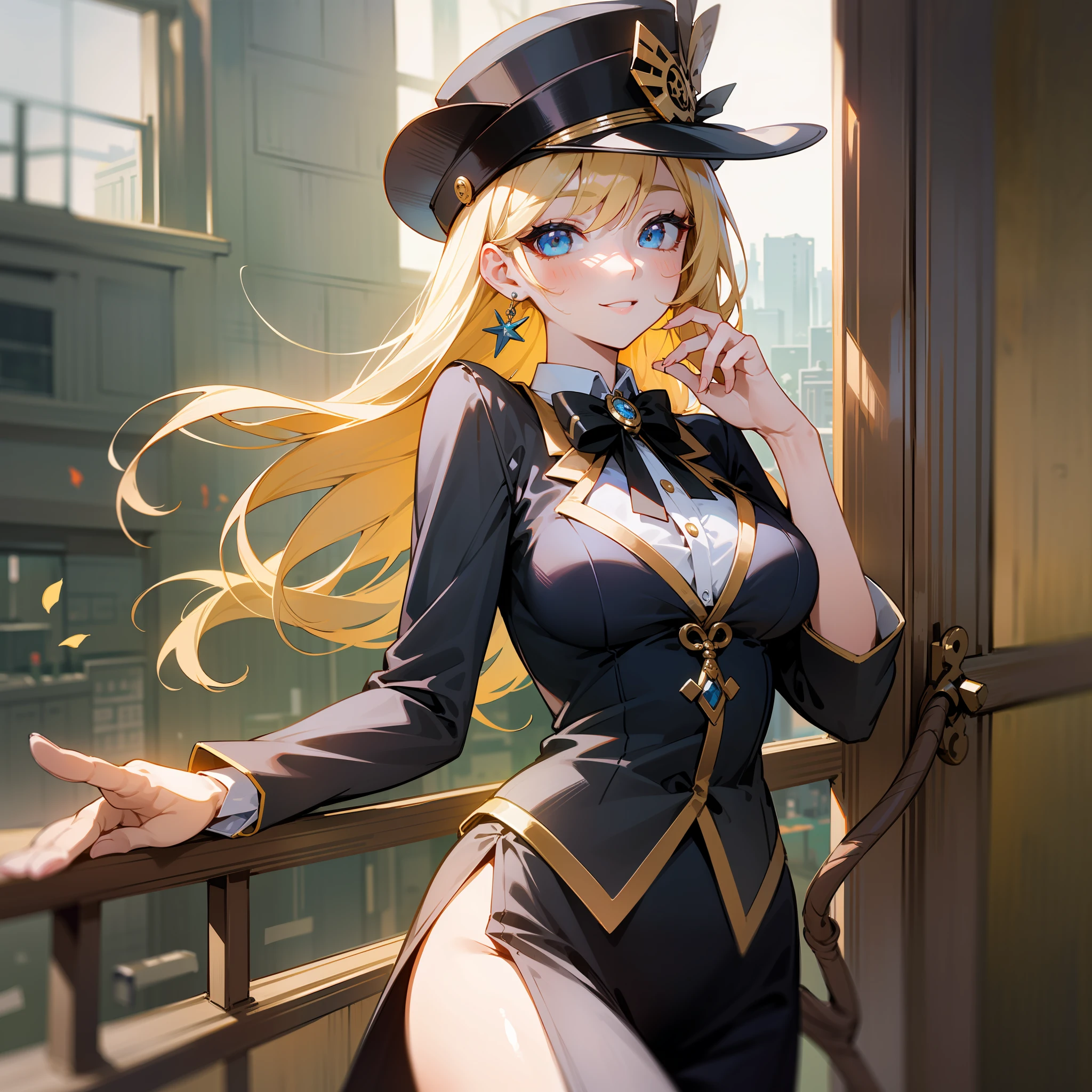 (masterpiece, best quality), (detailed and beautiful eyes), (detailed eyes and detailed face), (beautiful and clear background), (extremely detailed CG, super detailed, best shadows), (( depth of field)), beautiful conceptual illustration, (illustration), (extremely delicate and beautiful), (perfect detail) , 8k resolution, color photo of a cartoon girl in a hat with a bird and cane in a window on a balcony. The girl is a real charmer, with her blonde hair, blue eyes, and big smile. She's wearing a black deep v headwear and a top hat with a bowtie. Her long hair is flowing gently in the breeze and she is wearing earrings and jewelry. She is holding a cane and a bird is perched on her finger. Her big breasts are visible under her outfit, and she is looking at the viewer with a playful expression. The photo should be taken from outside the window, with the girl on a balcony and the cityscape in the background. ,taihou, taihoudefault, taihoumuse, taihouwedding, taihouforbid, taihouphoenix, taihourq, taihourqsmall, taihousweet