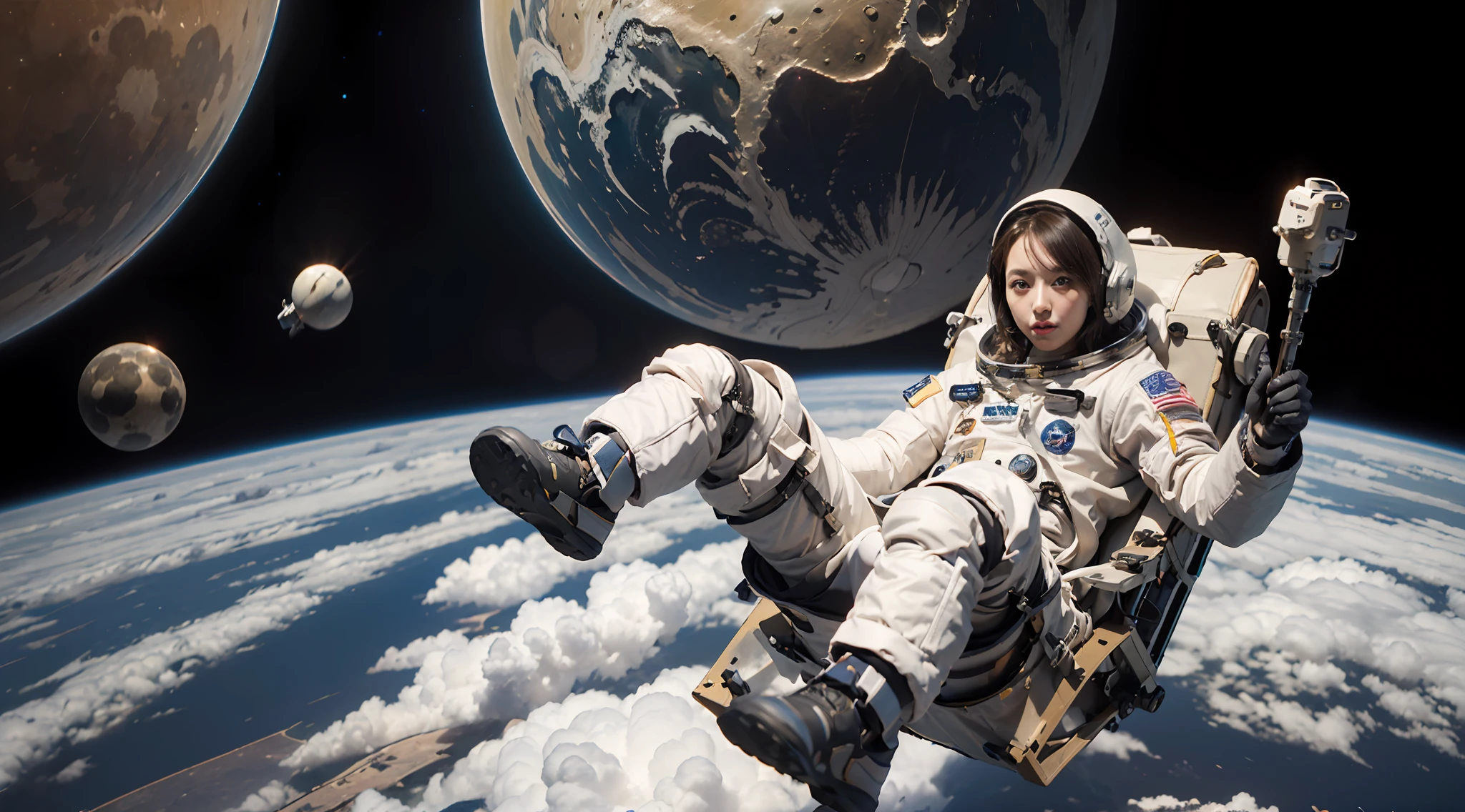 (Realistis:1.4),A girl,Two-dimensional woman,Female avatar,an Astronaut in Spacesuit,with a planet in the background, astronaut in space, astronaut lost in liminal space, in outer space, space walk scene, amazing wallpapers, heavenly body, girl in space, astronaut in space, Space travelling, astronaut on the moon, astronaut floating in space, cosmos sem fim no fundo,A high resolution,ultra detali,Realistic texture,Bold textures,Crazy textures,Clouds on the ground,Clouds next to feet