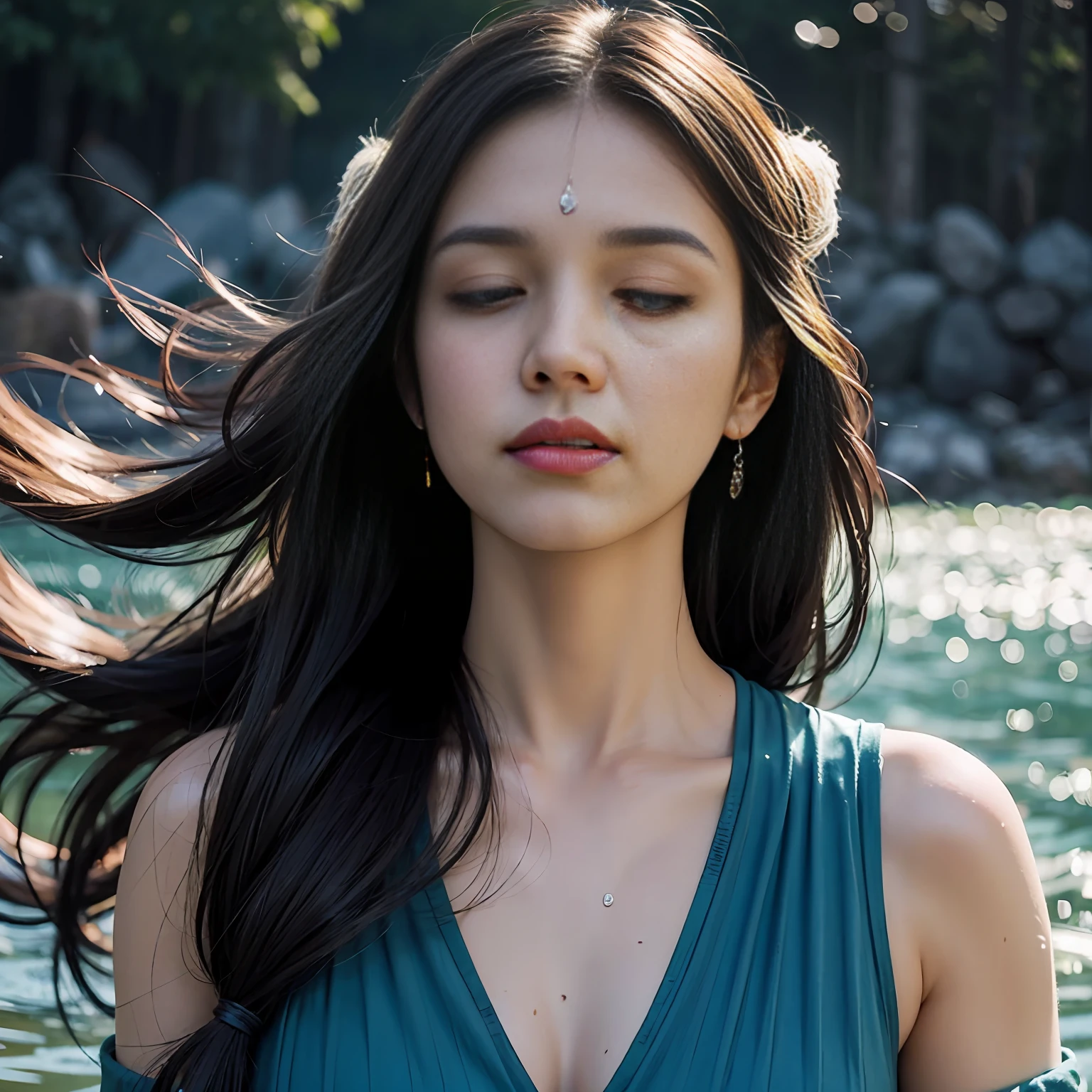 (full portrait), (half shot), solo, detailed background, detailed face, (stonepunkAI, stone theme:1.1), wise, (female), (native american), (beautiful hair, braids:0.2), shaman, septum piercing, mystical, (gorgeous face), stunning, head tilted upwards, (eyes closed, serene expression), calm, meditating, Seafoam Green frayed clothes, prayer beads, tribal jewelry, feathers in hair, headdress:0.33, jade, obsidian, detailed clothing, , realistic skin texture, (floating particles, water swirling, embers, ritual, whirlwind, wind:1.2), sharp focus, volumetric lighting, good highlights, good shading, subsurface scattering, intricate, highly detailed, ((cinematic)), dramatic, (highest quality, award winning, masterpiece:1.5), (photorealistic:1.5), (intricate symmetrical warpaint:0.5),