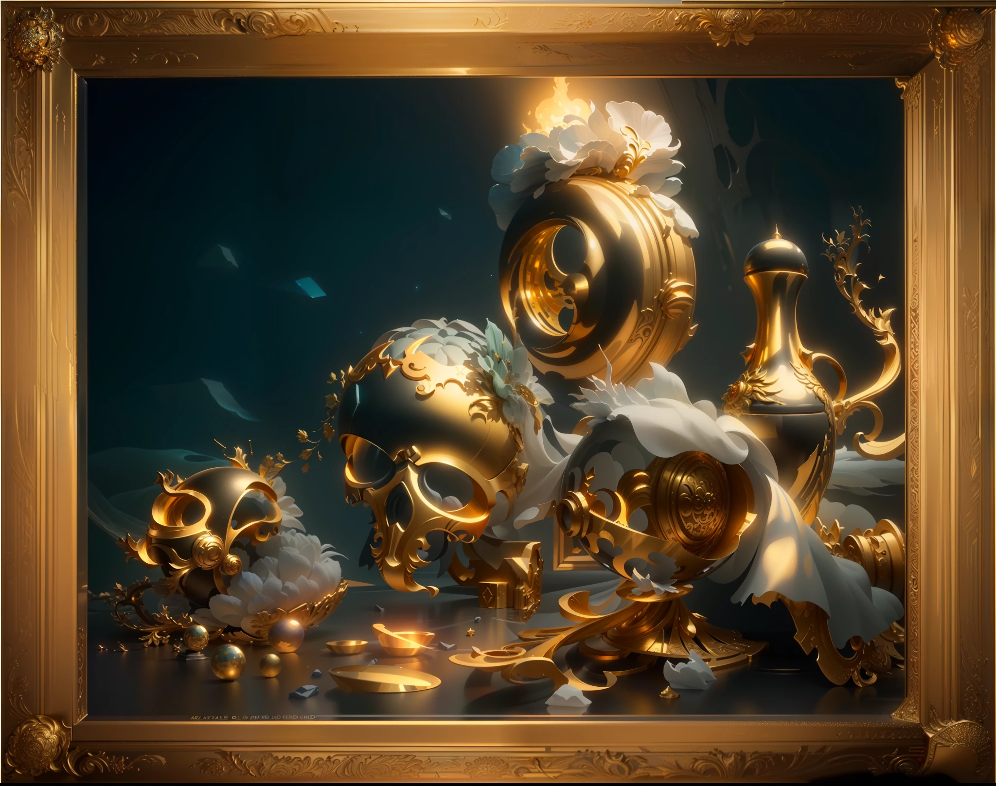 a close up of a painting of a group of gold objects, art nouveau octane render, highly detailed surreal vfx, ornate gilded cosmic machine, intricate artwork. Octane Render, Global Illumination. vfx, fantasy style 8 k octane render, intricate ornate anime cgi style, dan mcpharlin : : ornate, Masterpiece. rendered in blender, 4 k surrealism, surrealism 8k