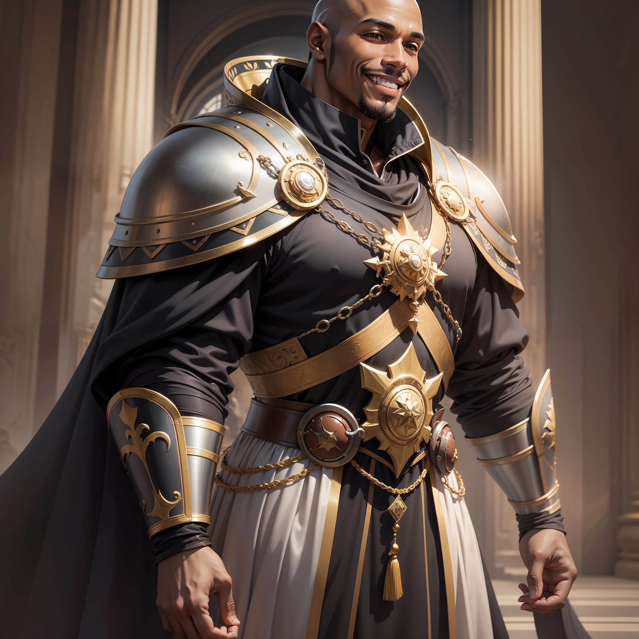 realistic image with anime style artwork of a black man, 40 years old, tall, strong, bald, dressed in black cleric robes and shoulder pads, rpg warrior, smiling wryly, standing in a large hall of a royal palace