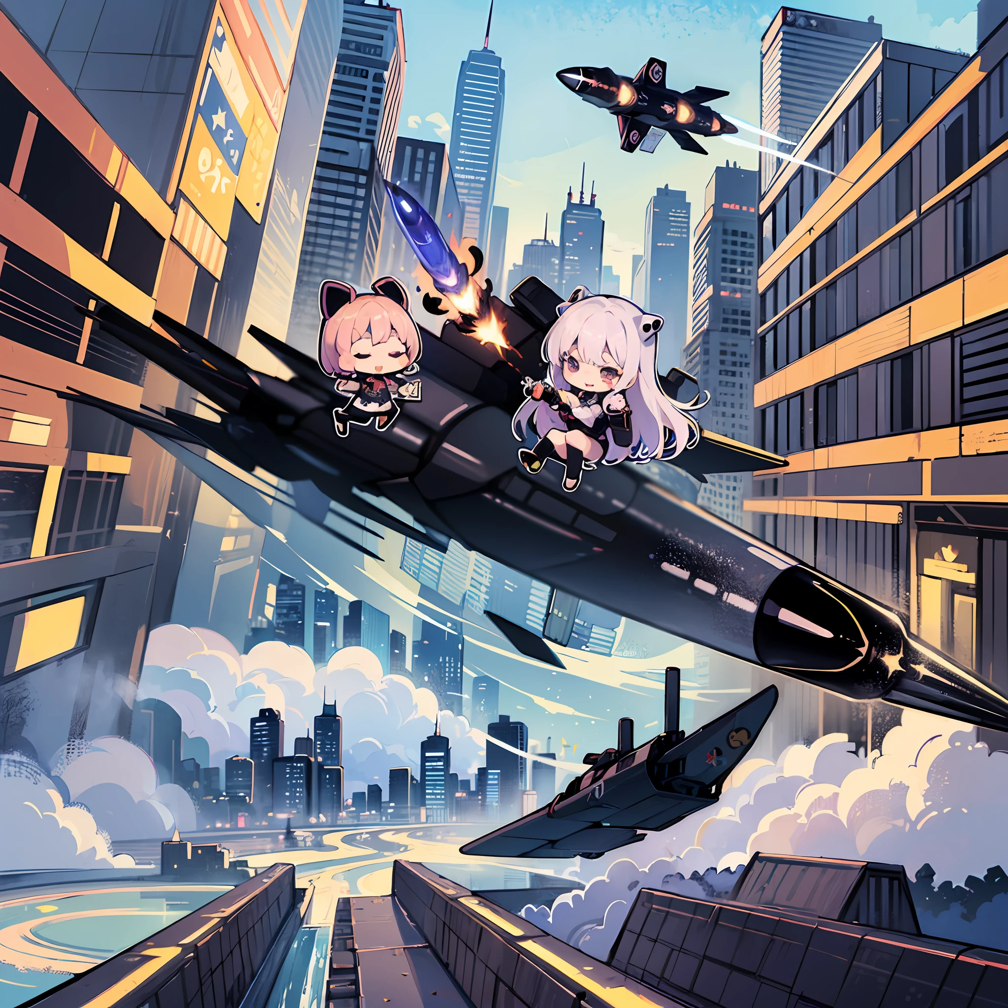 ((a sticker:1.5)))、((Chibi Chara))、(((missile pod)))、((Destroy the city))、missile、fluffy、1girl in、Strongest、Chibi Chara、fullllbody、Pastel colors hair、Fairy tale、Fantastical、masuter piece、beste-Qualit、high picture quality