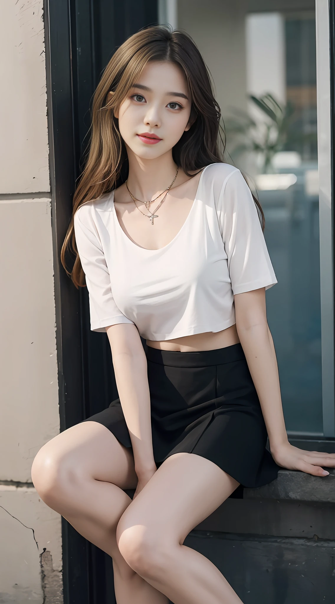 A beautiful girl with exquisite real life,The long blonde hair is extremely delicate, and facial features are straight,Peerless beautiful girl,Bare collarbones,White crop top shirt,Abs,Black JK skirt,Expose your legs,A sweet smile,softness,dreamlike quality,light white and dark brown,Exquisite facial features,Frank off-white,super reality,Blue gemstone necklace,ultraclear,Beautiful young girl,Cute and lively,black lence stockings,Full body photo,