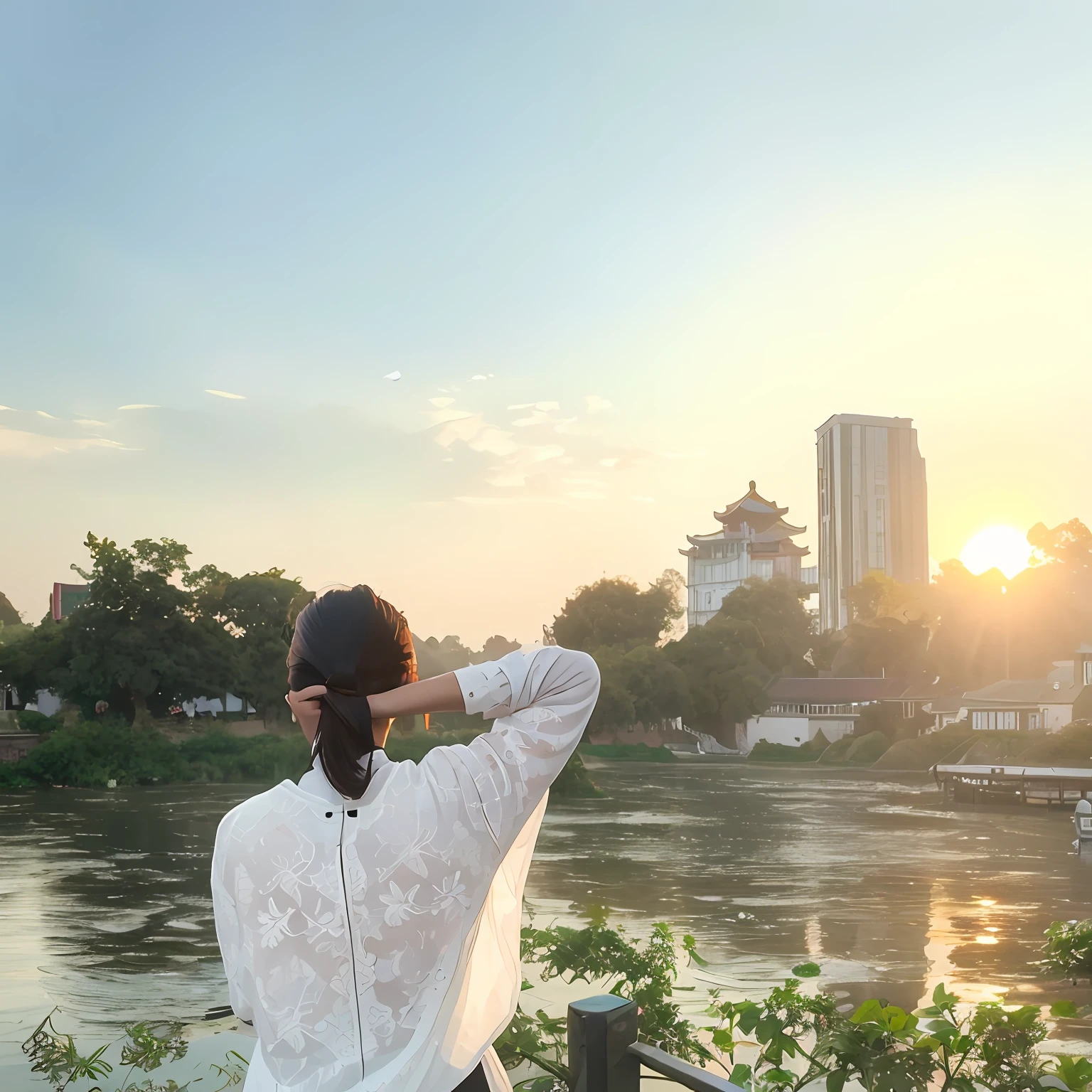 A beautiful girl salutes,Back Shadow, With sunset, during sunrise, golden hour in beijing, At sunrise, taken at golden hour, shot at golden hour, late sunset, during dawn, watching the sunset, Morning sun, morning golden hour, Morning sunrise, At sunset, photoshoot, morning shot, in the golden hour,Lotus leaf,lakeside