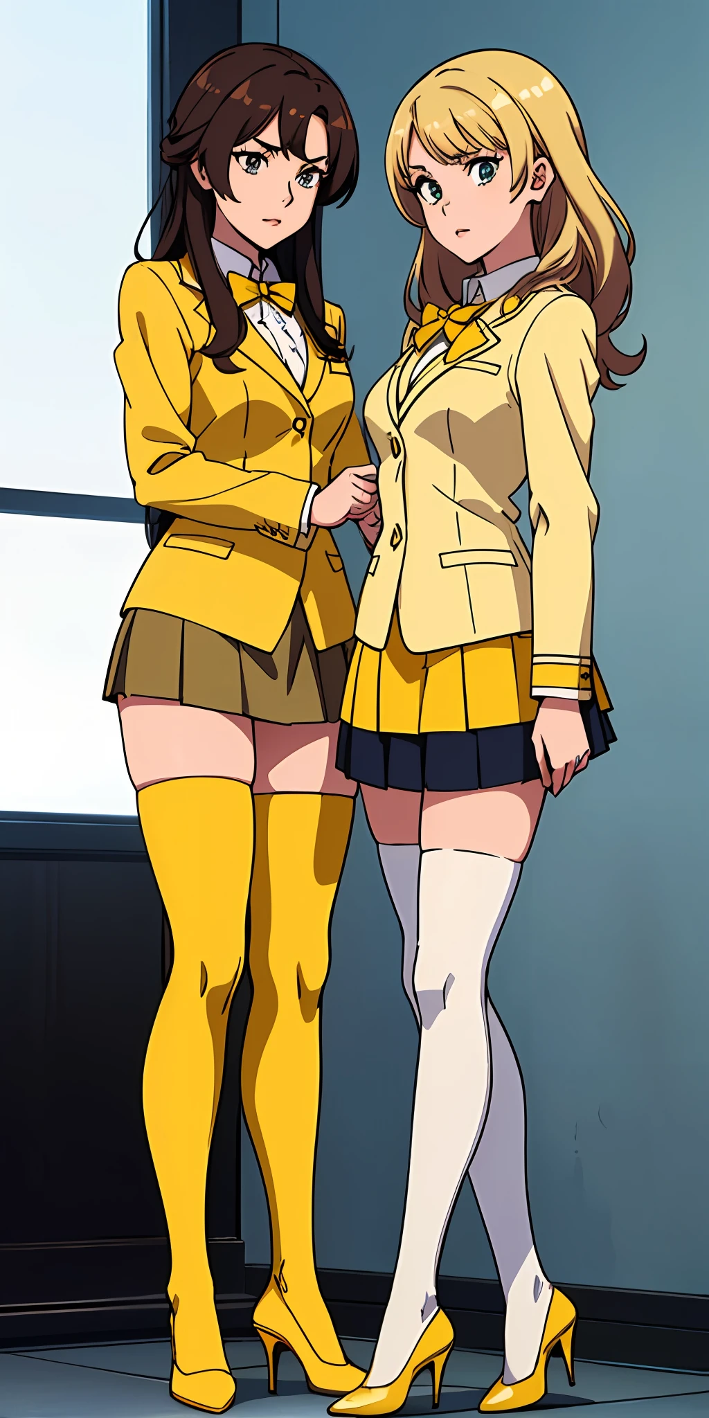 ((Masterpiece, highres)), 2girls, duo, twins, ((one brown haired girl, one blonde girl)), matching hairstyle, different hair color, ((matching outfits, yellow school uniform, sexy school uniform, yellow blazer, yellow short skirt, white thighhighs, black high heels)), anime style, anime screencap