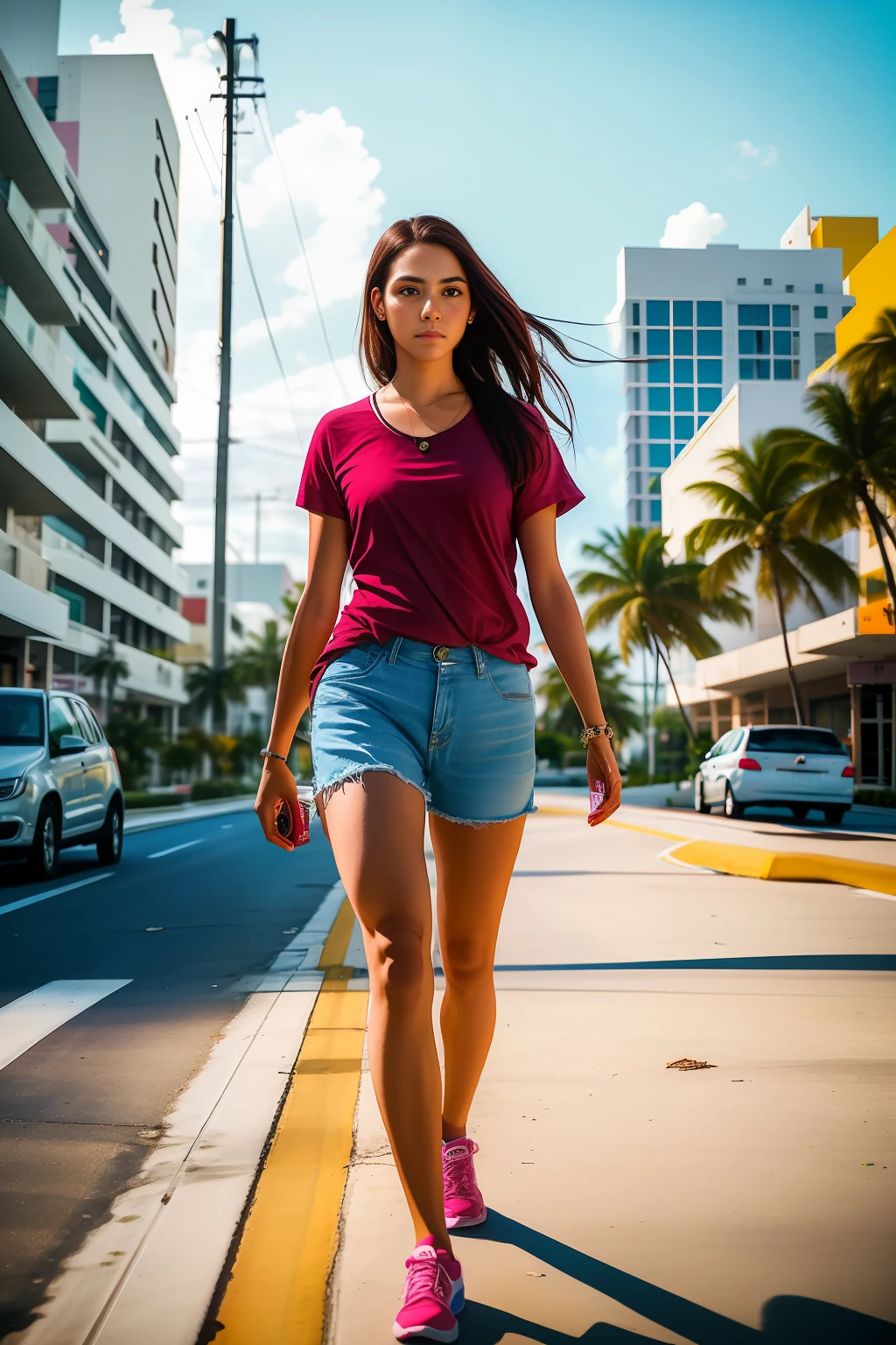 Photography,a 25,year old Woman walking in the street of Miami, Florida, facing the Camera, Real realistic photo