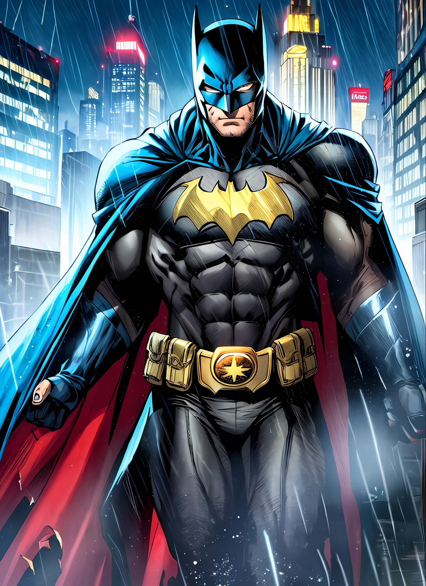 1boy, dark scene, cowboy shot of batman, athletic, white eyes, no pupils, night city, mist, particles, male focus, mask, muscular, muscular male, ragged and torn cape, night, outdoors, rain, serious, dark armosphere, detailed background, jim lee,