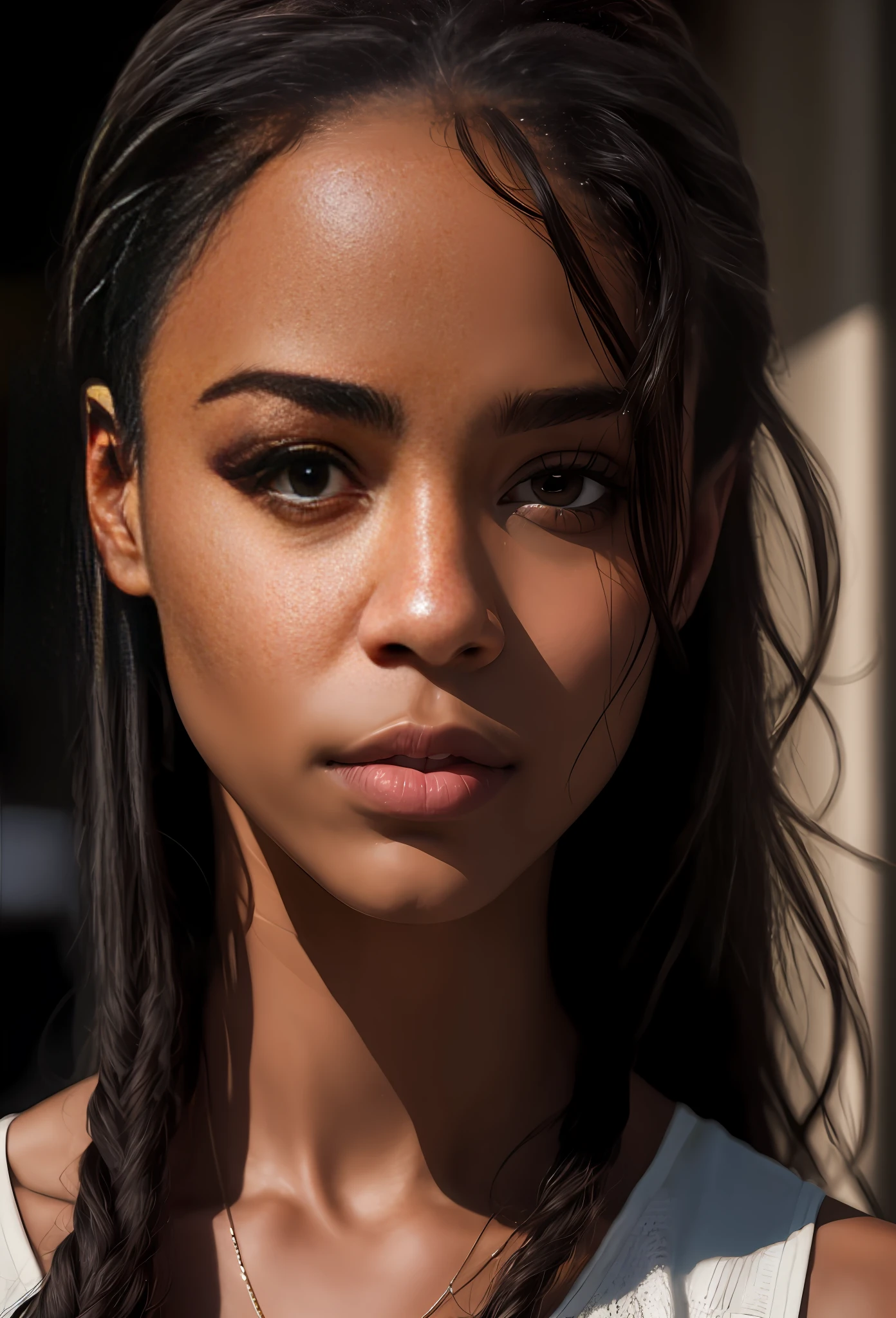 detailed black woman face looking at camera dark-brown eyes